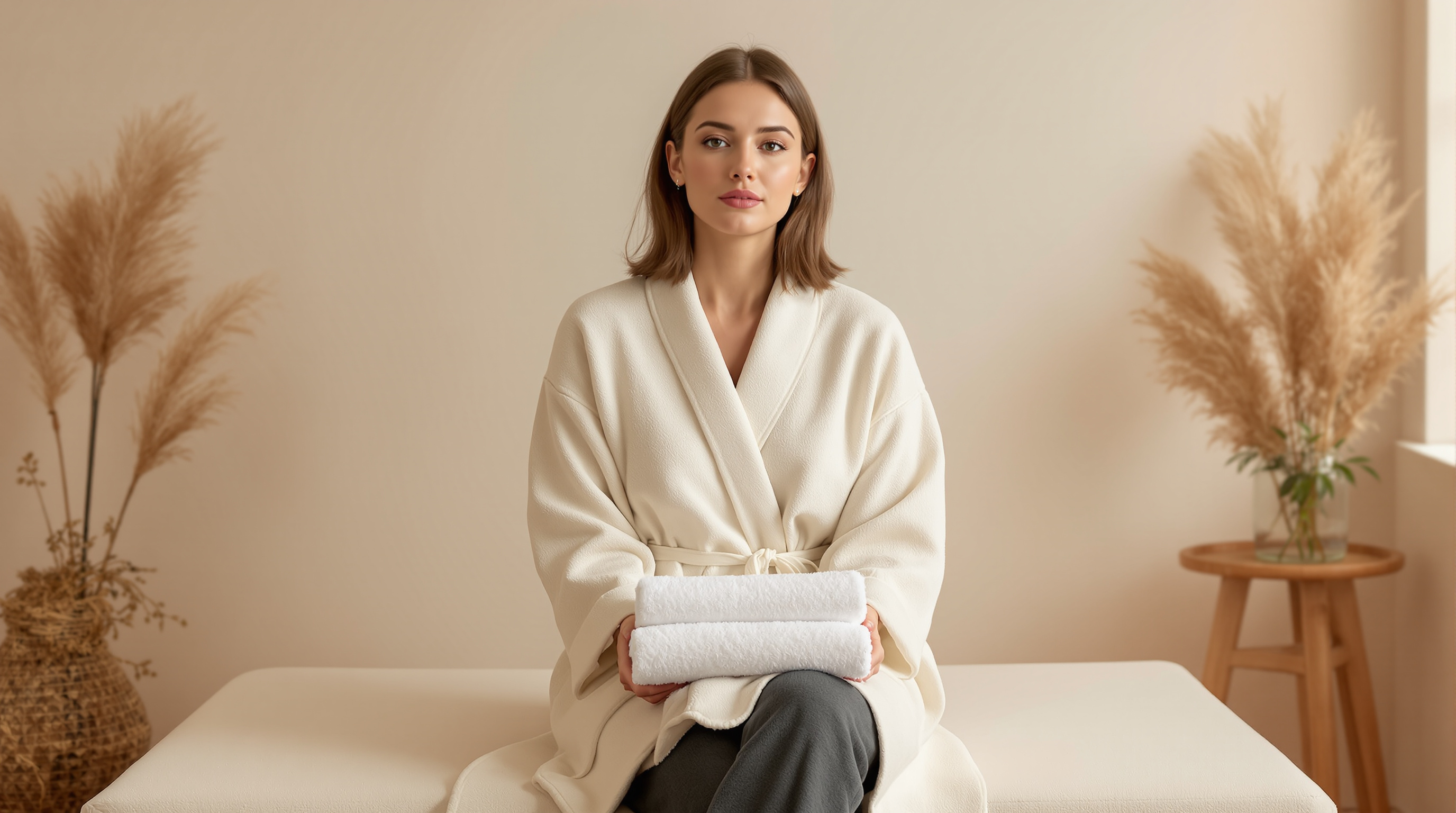 A woman in a cream robe sits calmly on a spa bench with a folded towel in her lap