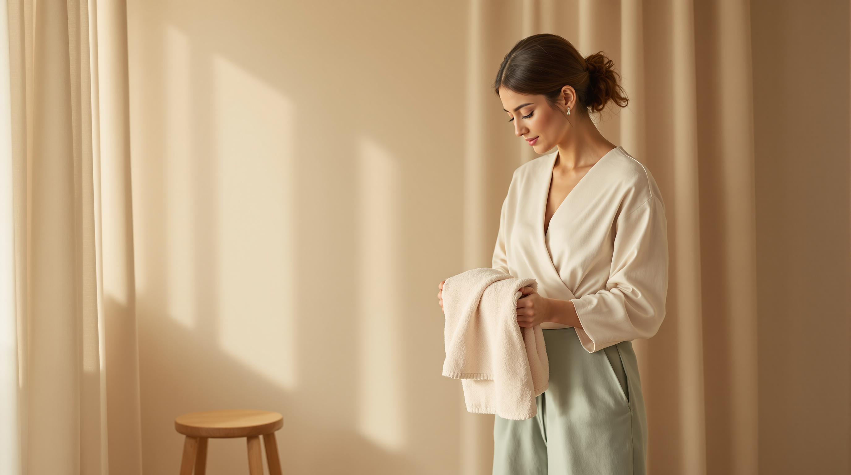 A woman folds a cream towel in a quiet sunlit spa room