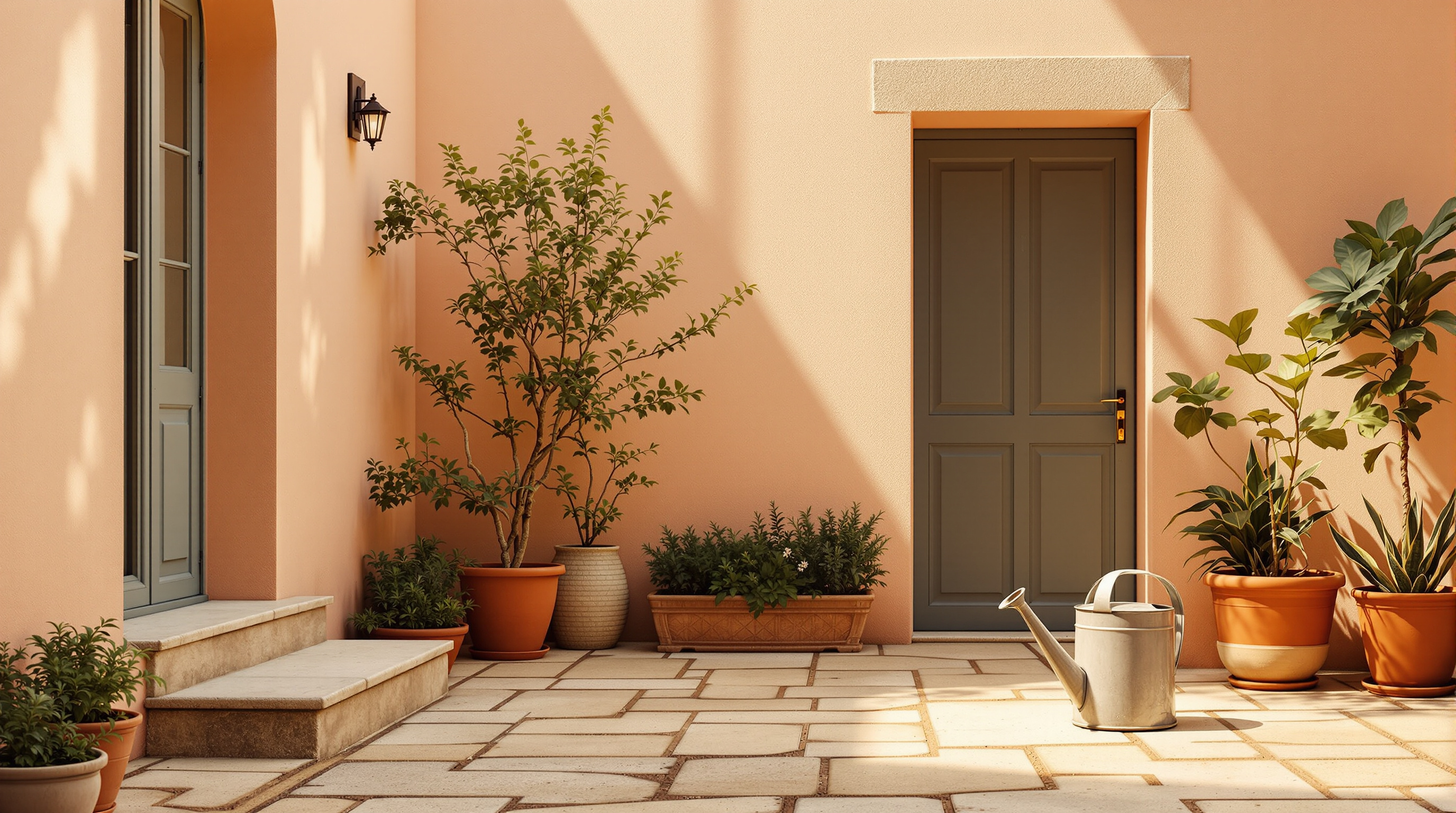 A quiet walled courtyard with a watering can