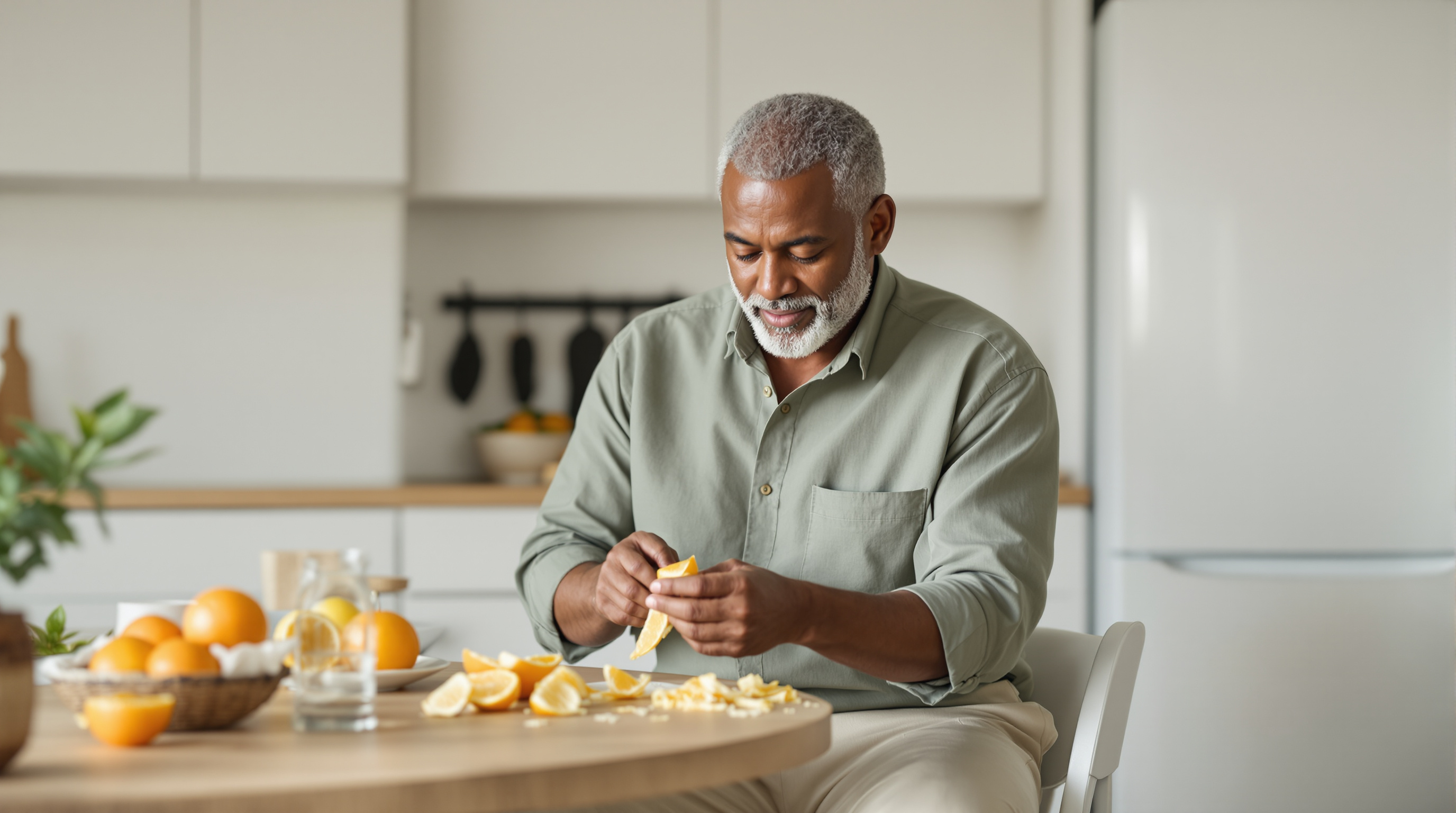 A man sits at a plain kitchen table peeling an orange