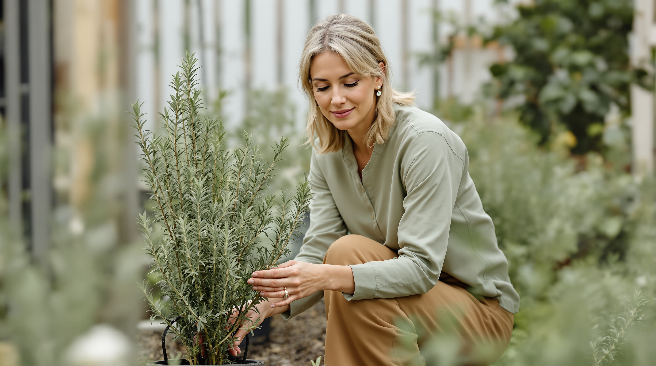 A woman in a sage shirt checks rosemary in a quiet vegetable garden