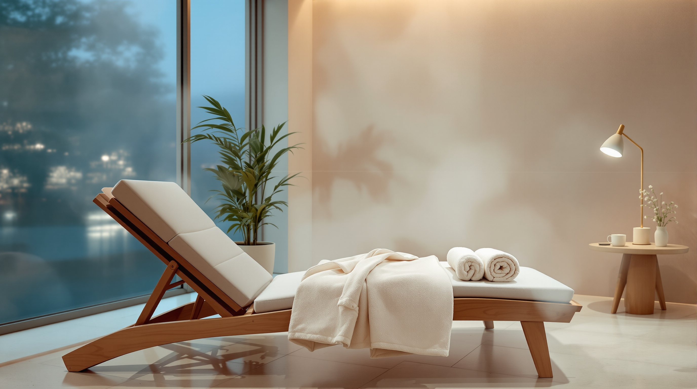 An empty lounger in a quiet spa with a folded towel