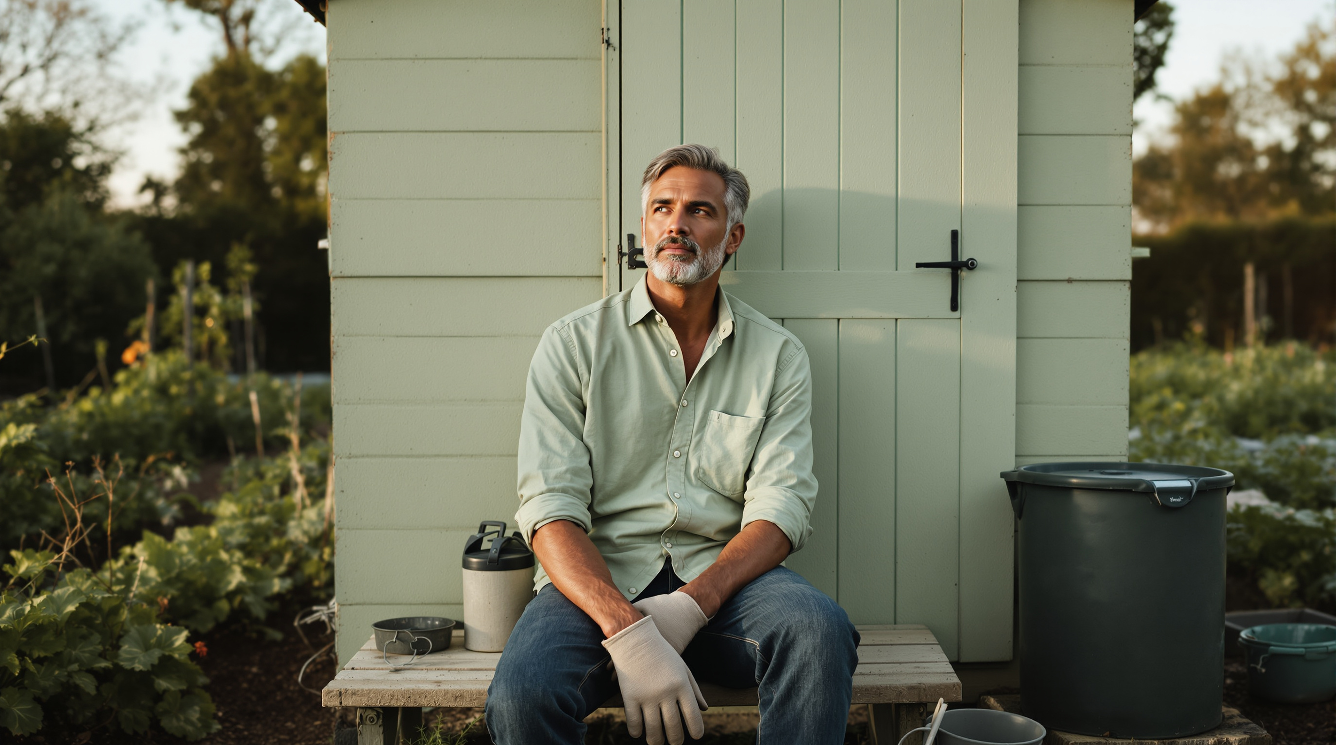 A man sits on a bench beside an allotment shed holding gardening gloves