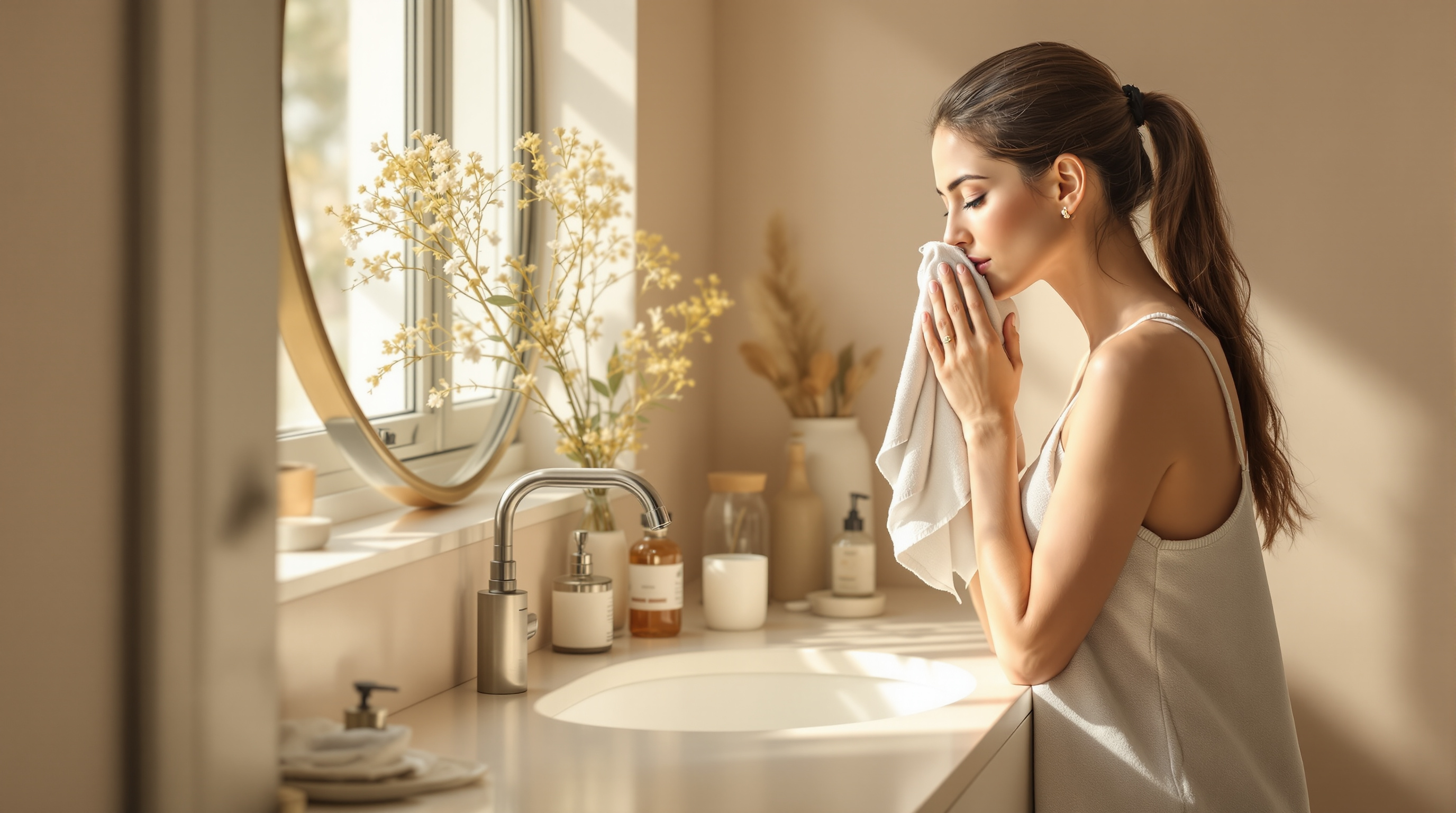 A woman patting her face dry with a linen towel at a bright bathroom counter