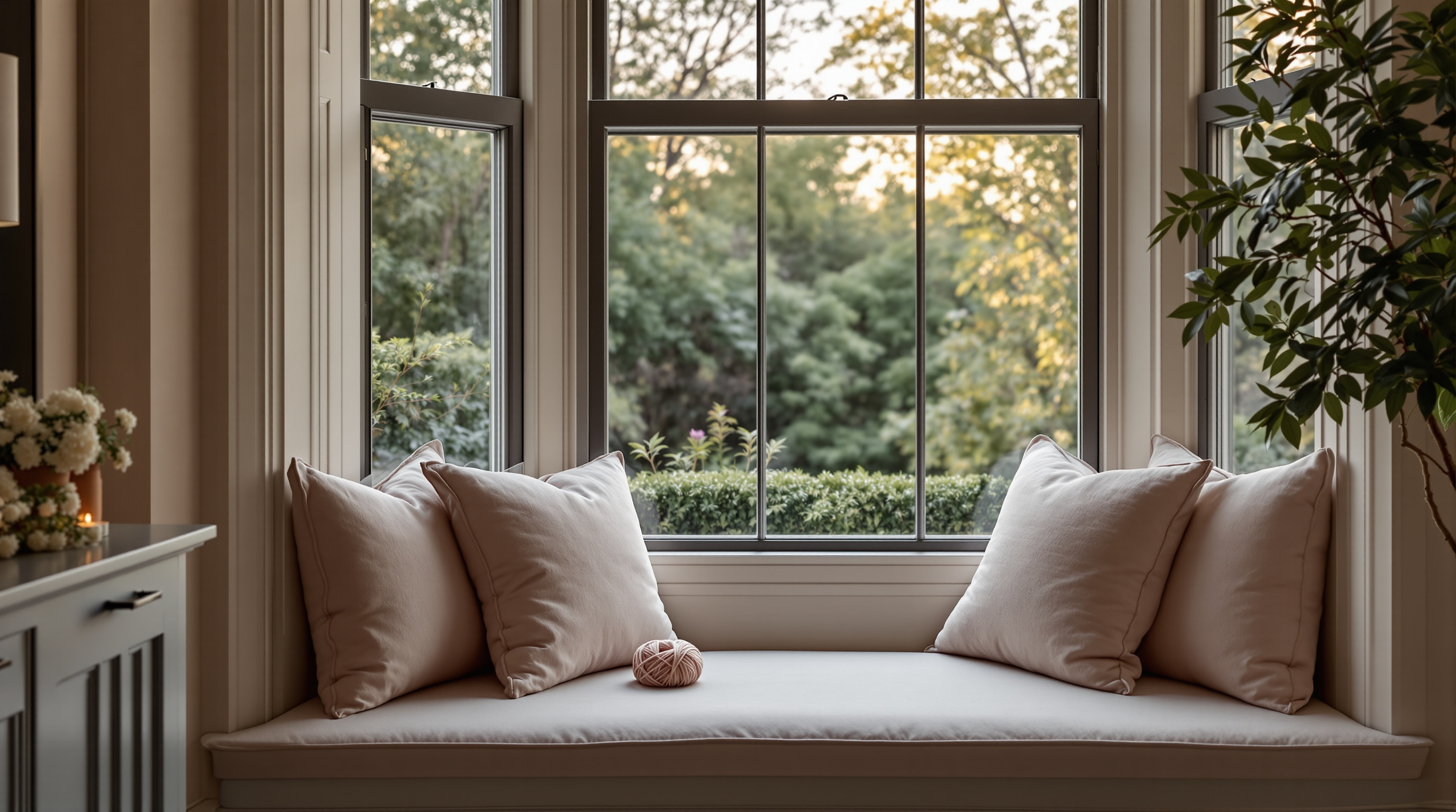 An empty window seat with a ball of yarn