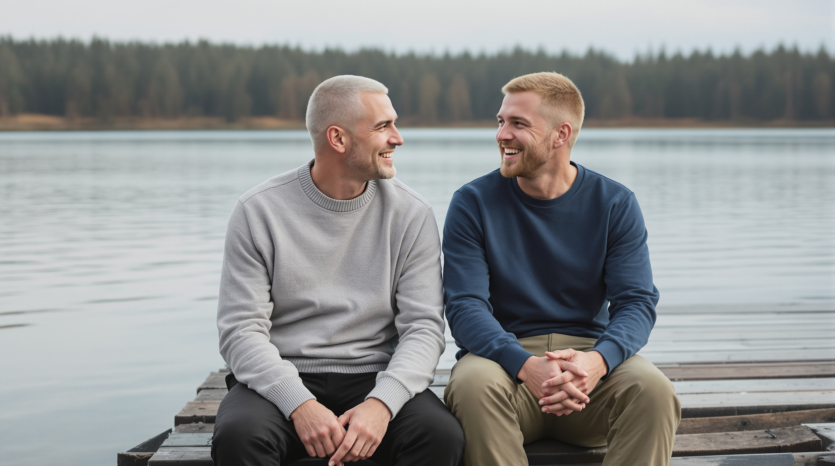 Two friends sit together at the end of a lakeside dock