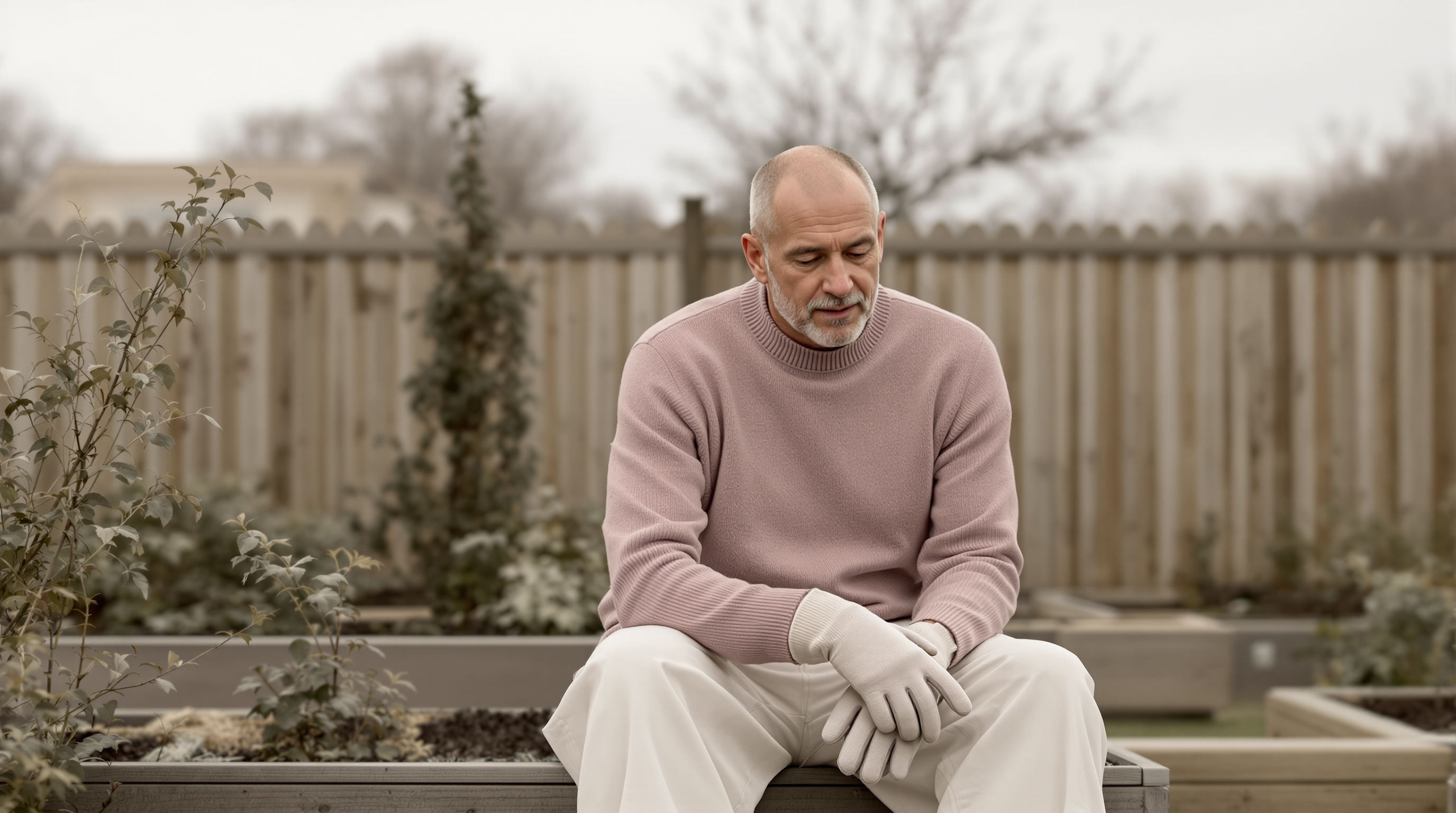 A man sits on the edge of a raised garden bed holding gardening gloves