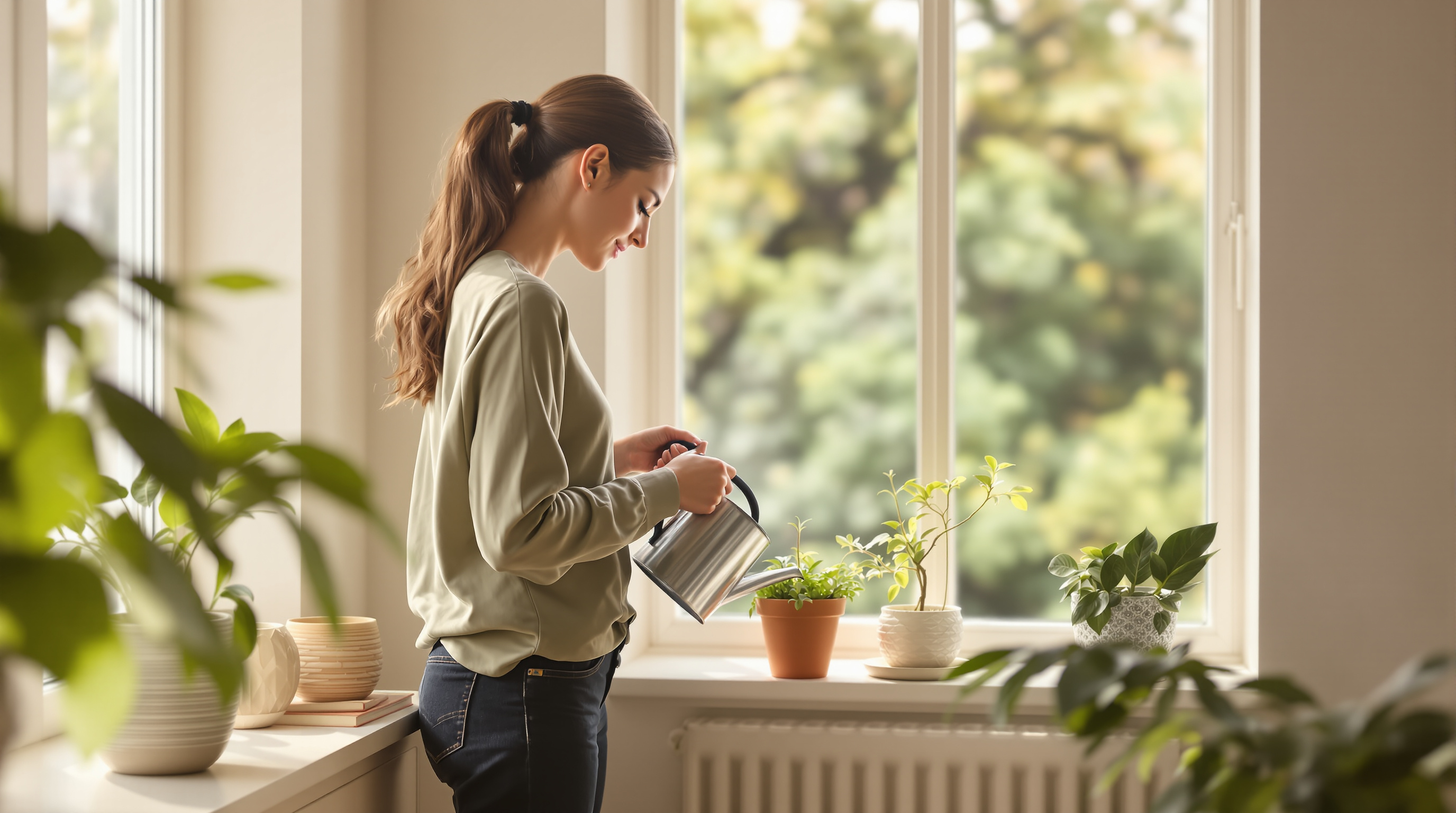 A woman waters a small potted herb beside a bright windowsill