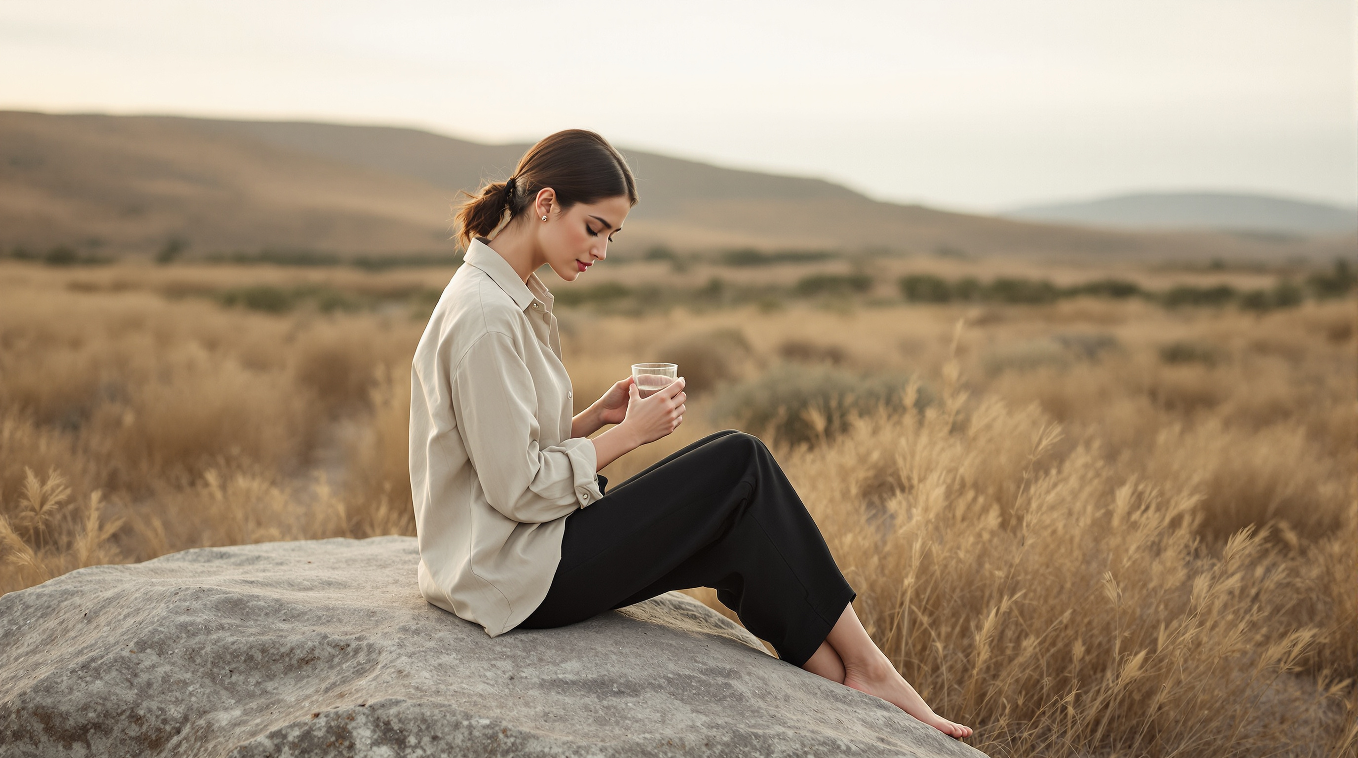 A woman sits on a boulder beside a quiet trail with a glass of water