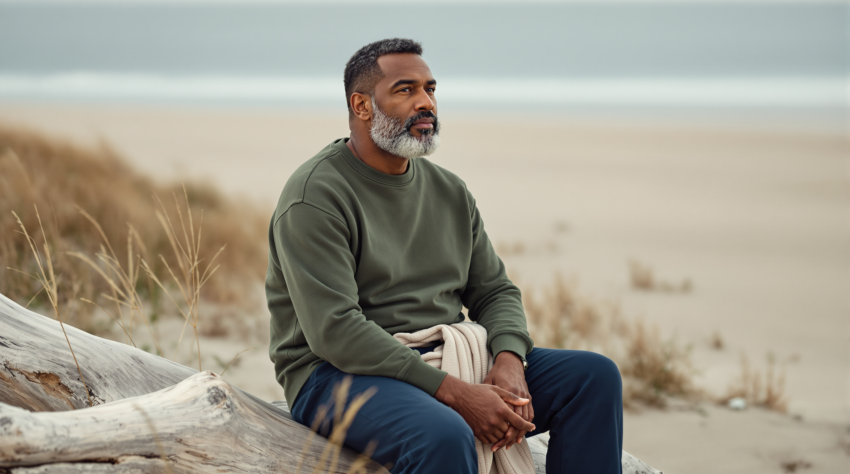 A man sits on a driftwood log above a quiet beach with a folded scarf
