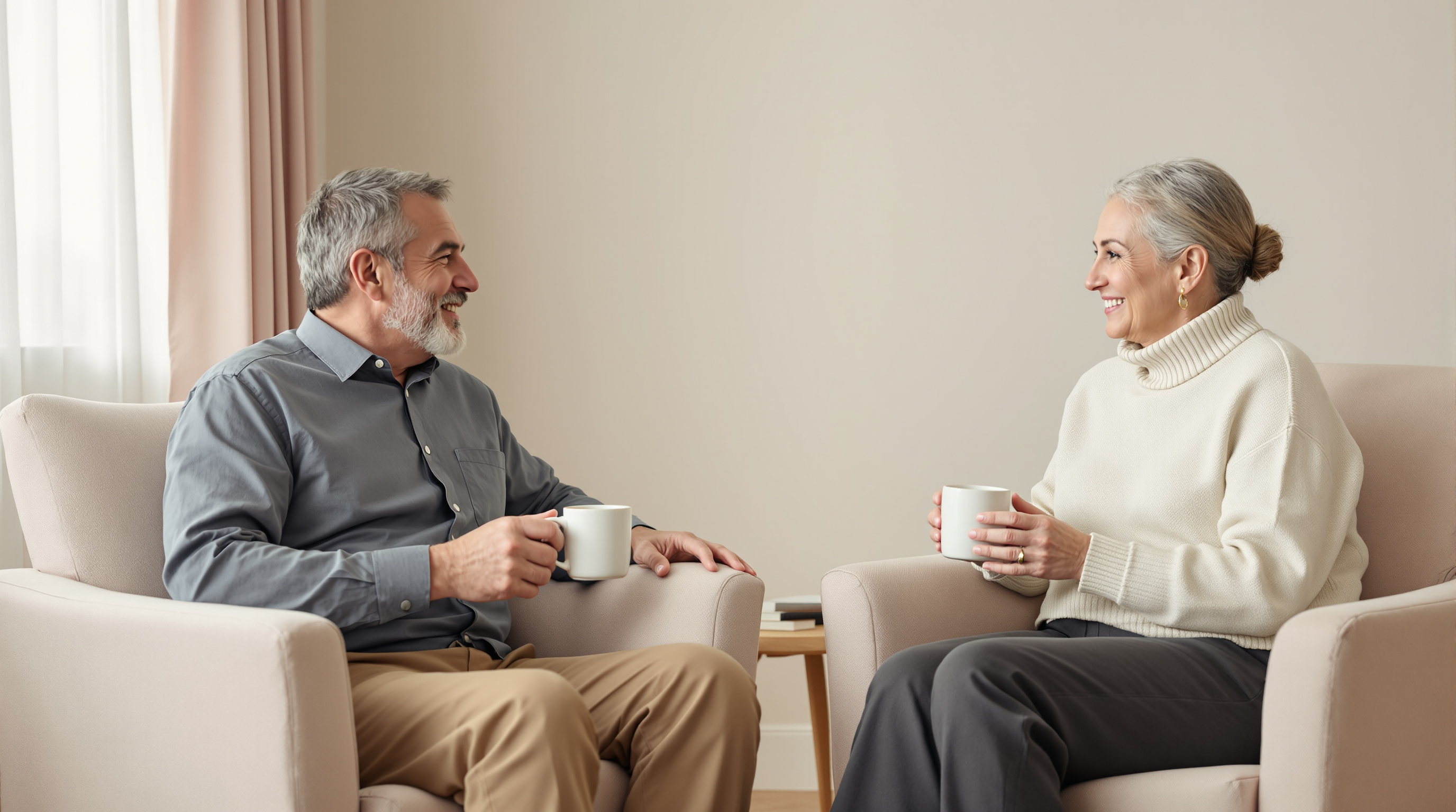 Two friends seated in armchairs discuss heart health over plain mugs