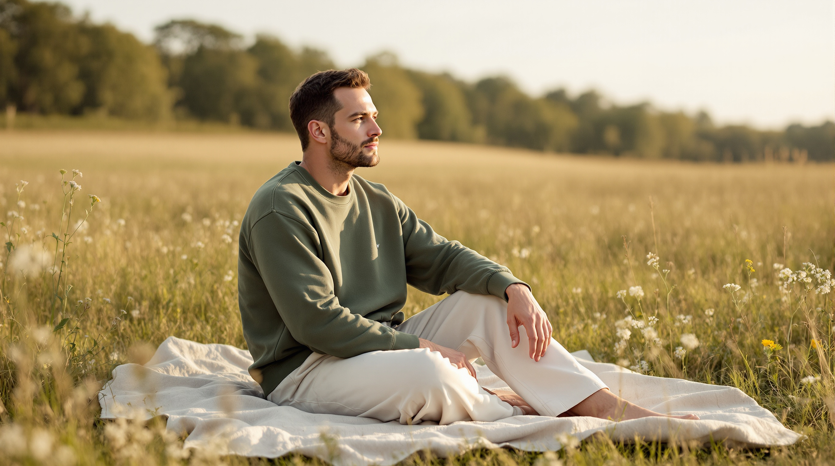 A man sits on a blanket in a meadow holding an apple