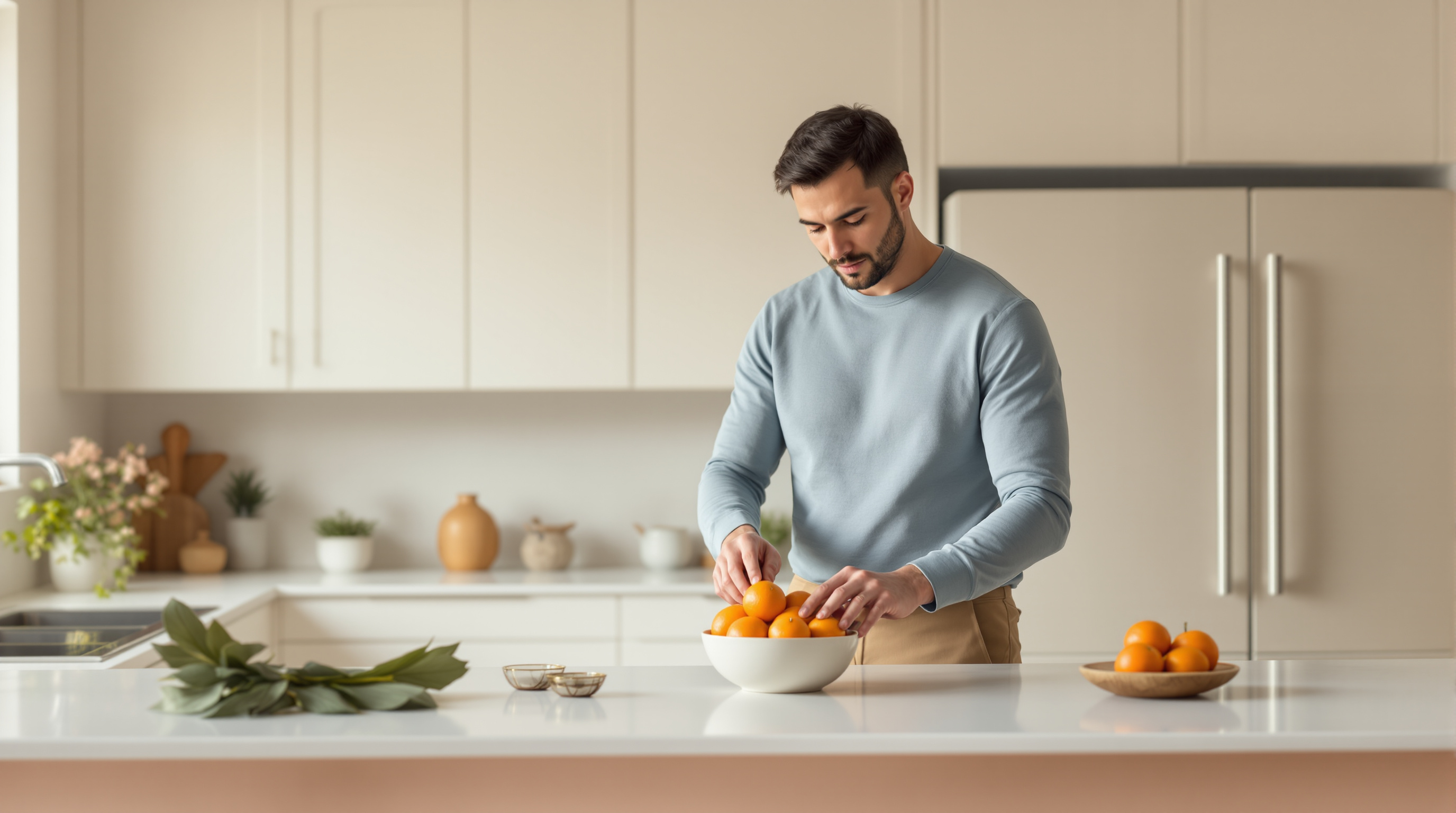 A man in a blue shirt arranges oranges in a bright matte-white kitchen