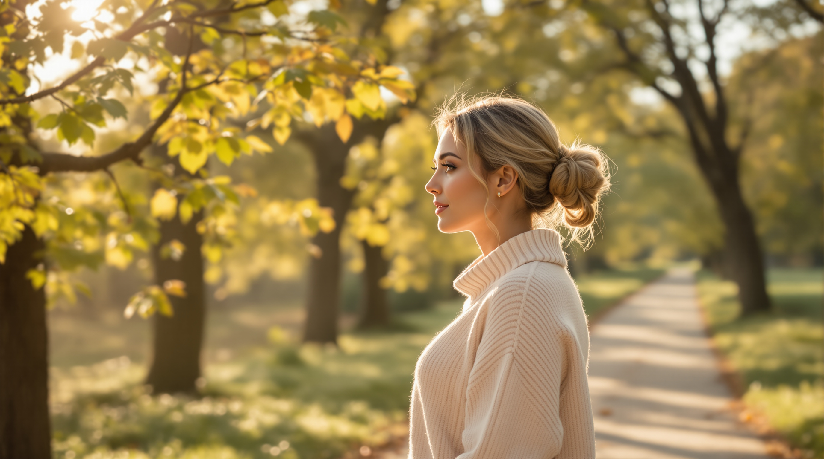 A woman in a cream sweater stands in profile on a tree-lined path in early morning light
