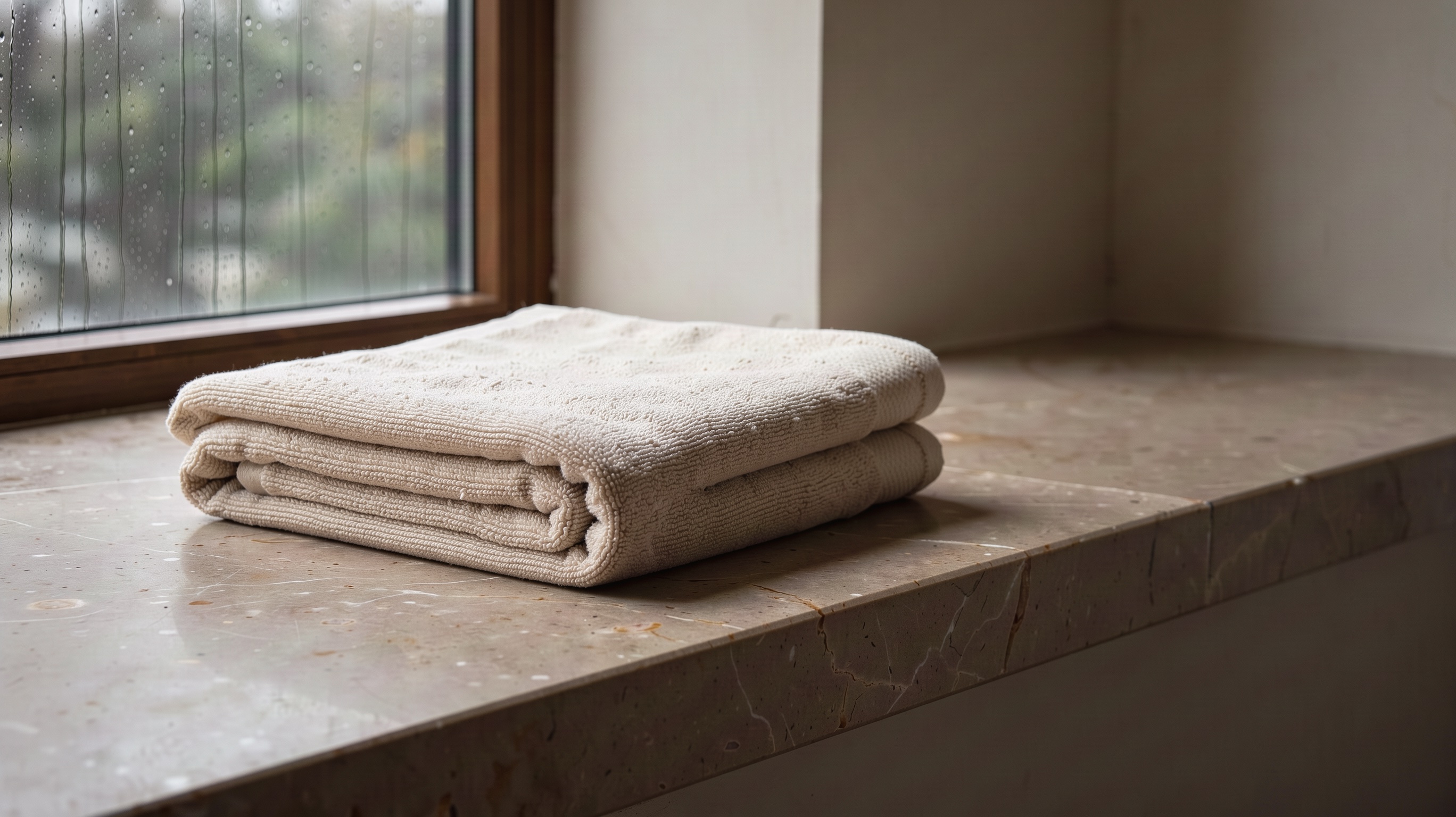 A folded cream towel on warm stone, a close view