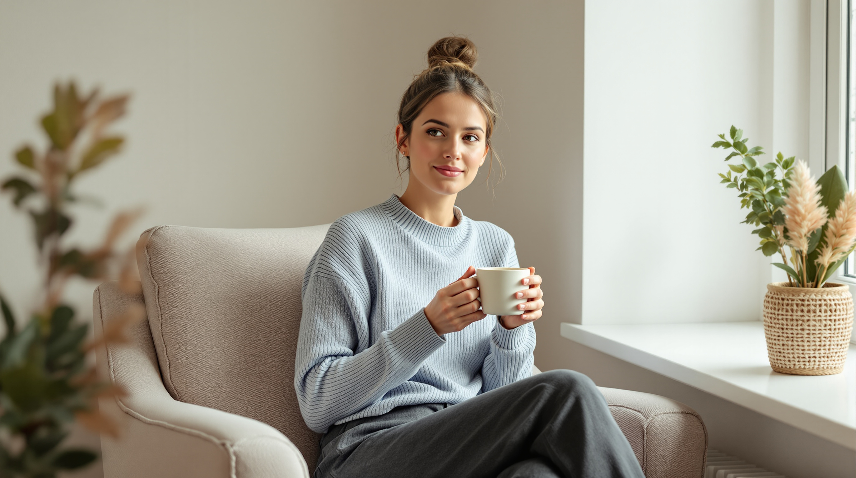 A woman in a blue knit top sits by a bright windowsill holding a plain ceramic mug