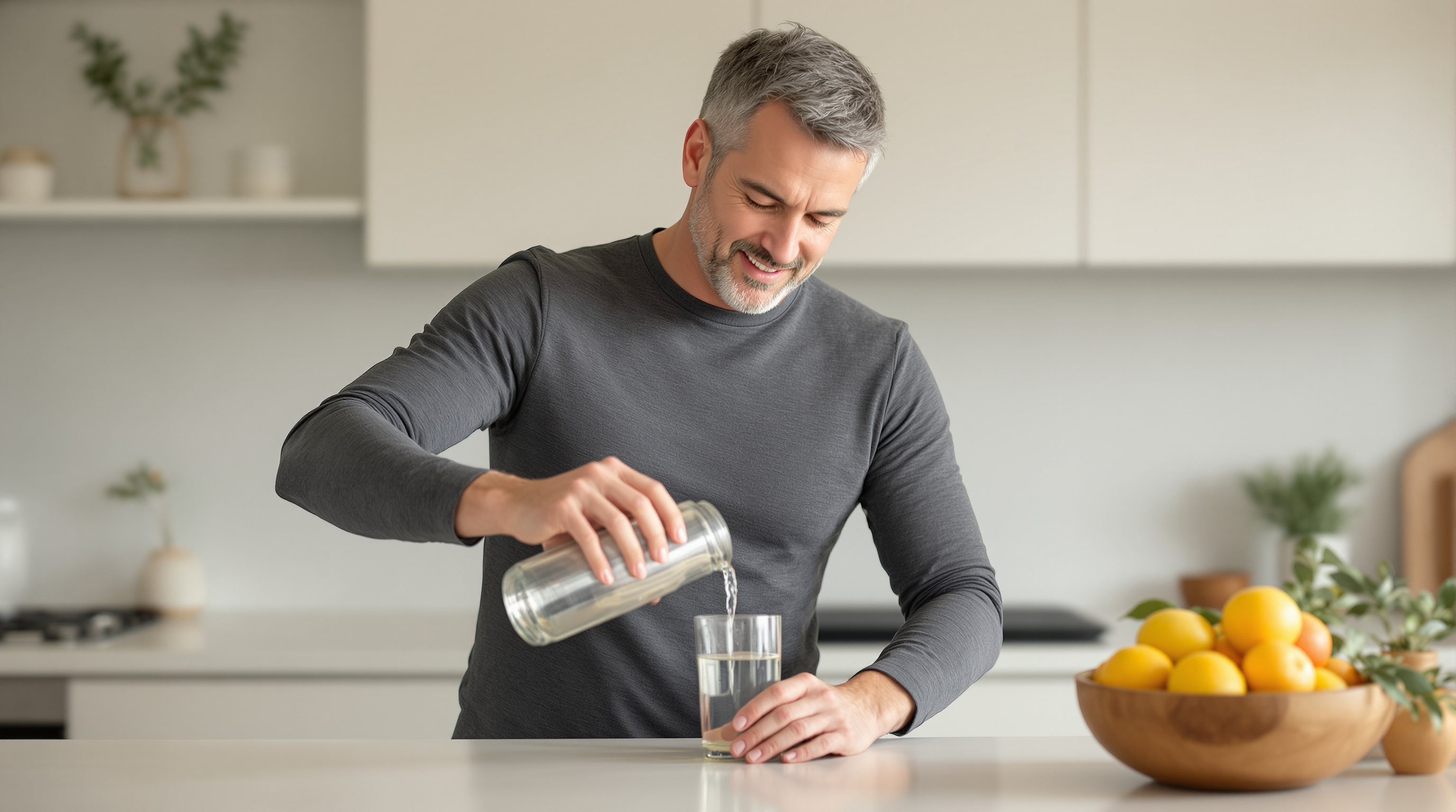 A man in a long-sleeve top pours a glass of water at a bright kitchen counter beside a bowl of citrus