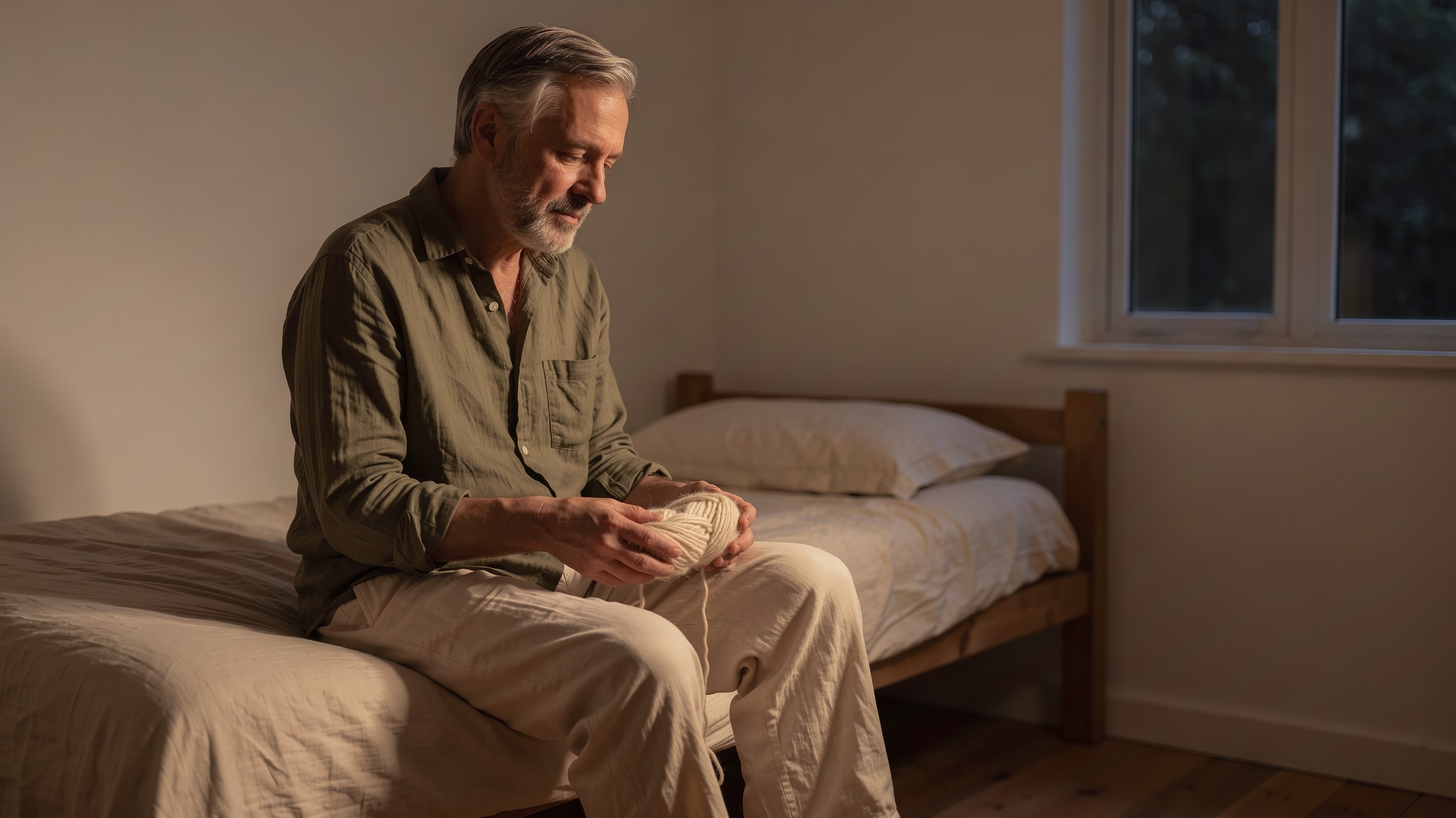 A man sits on the edge of a bed in a bare bedroom with a ball of yarn