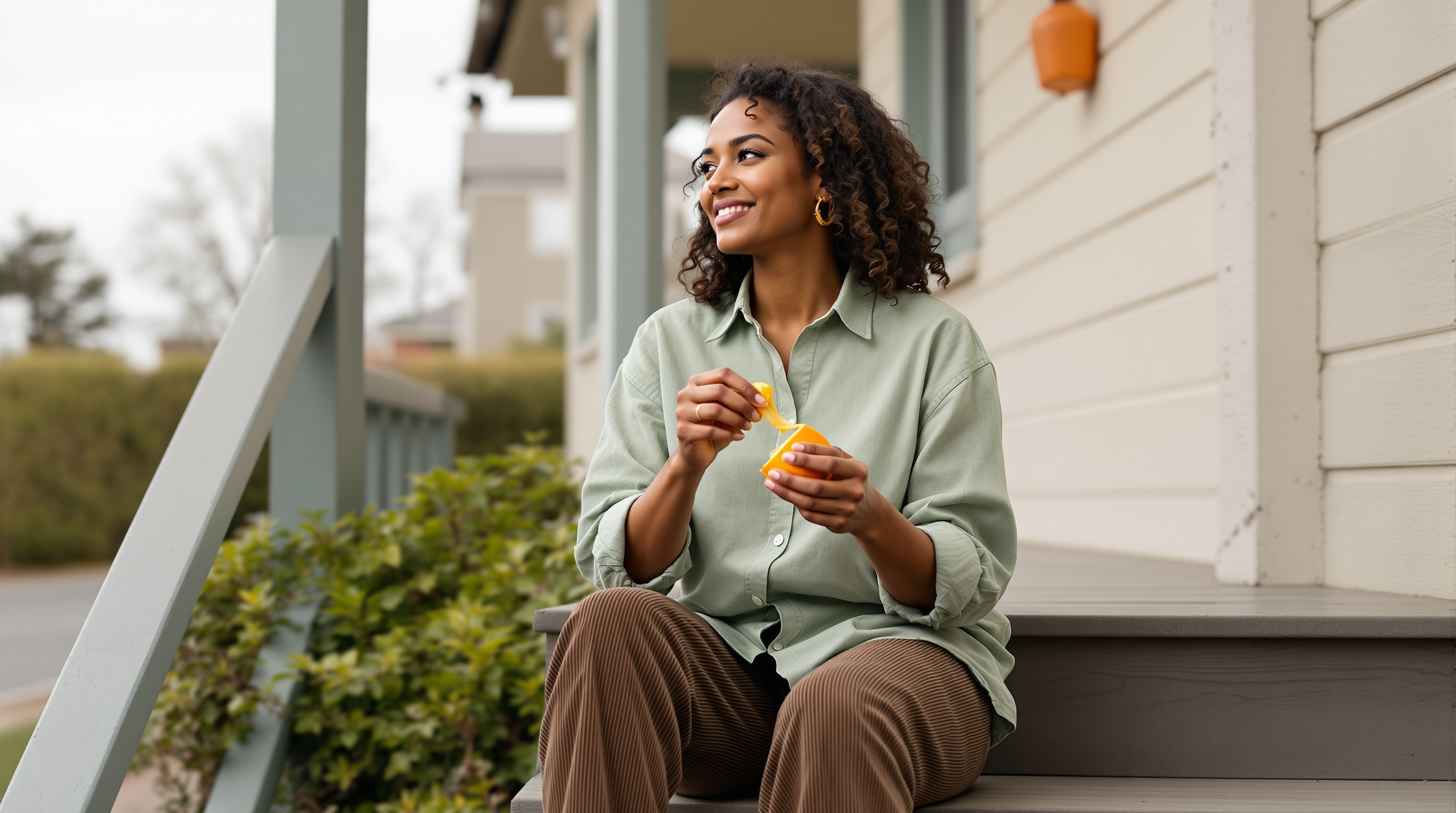 A woman sits on the front steps of a house peeling an orange