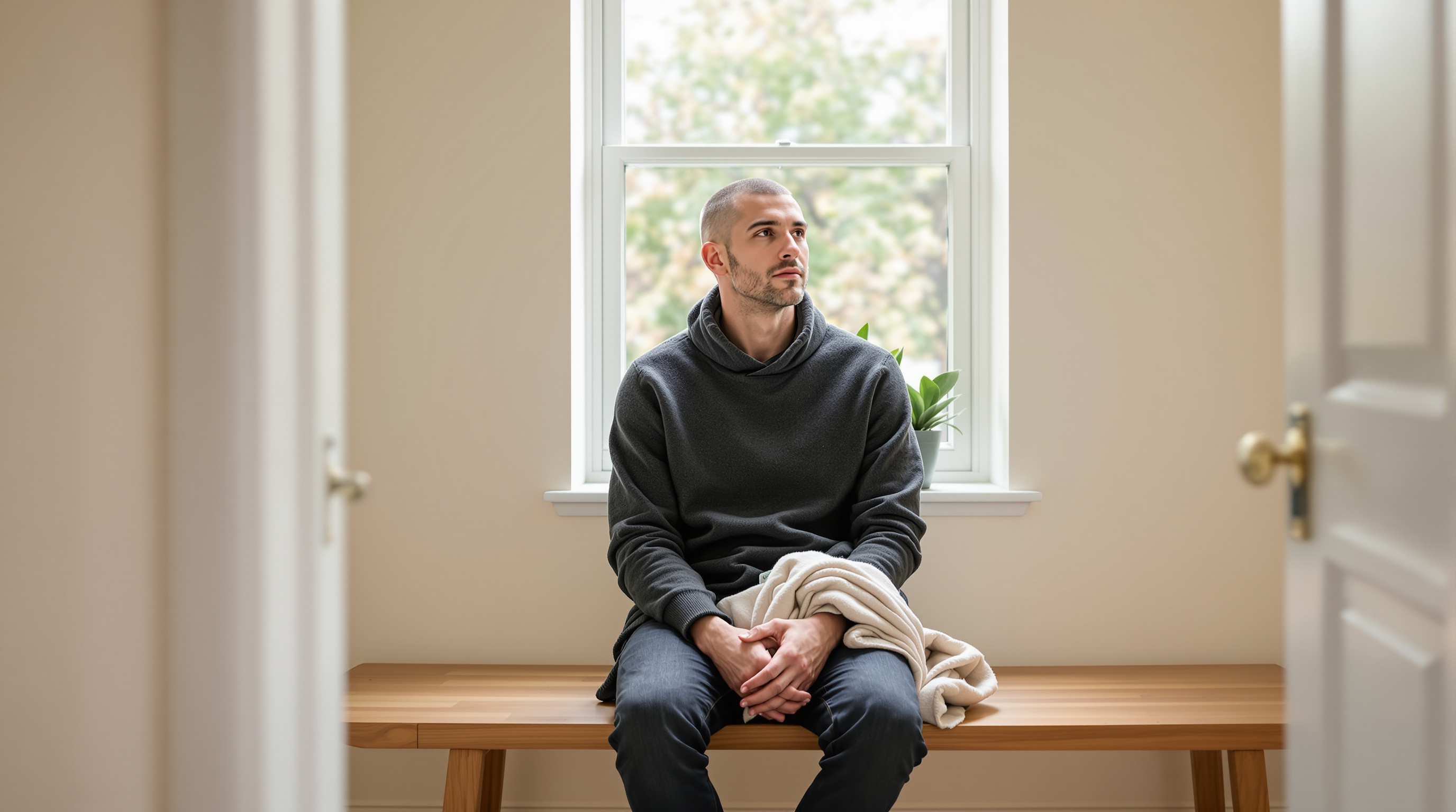A man sits on a bench in a bright entryway with a folded scarf
