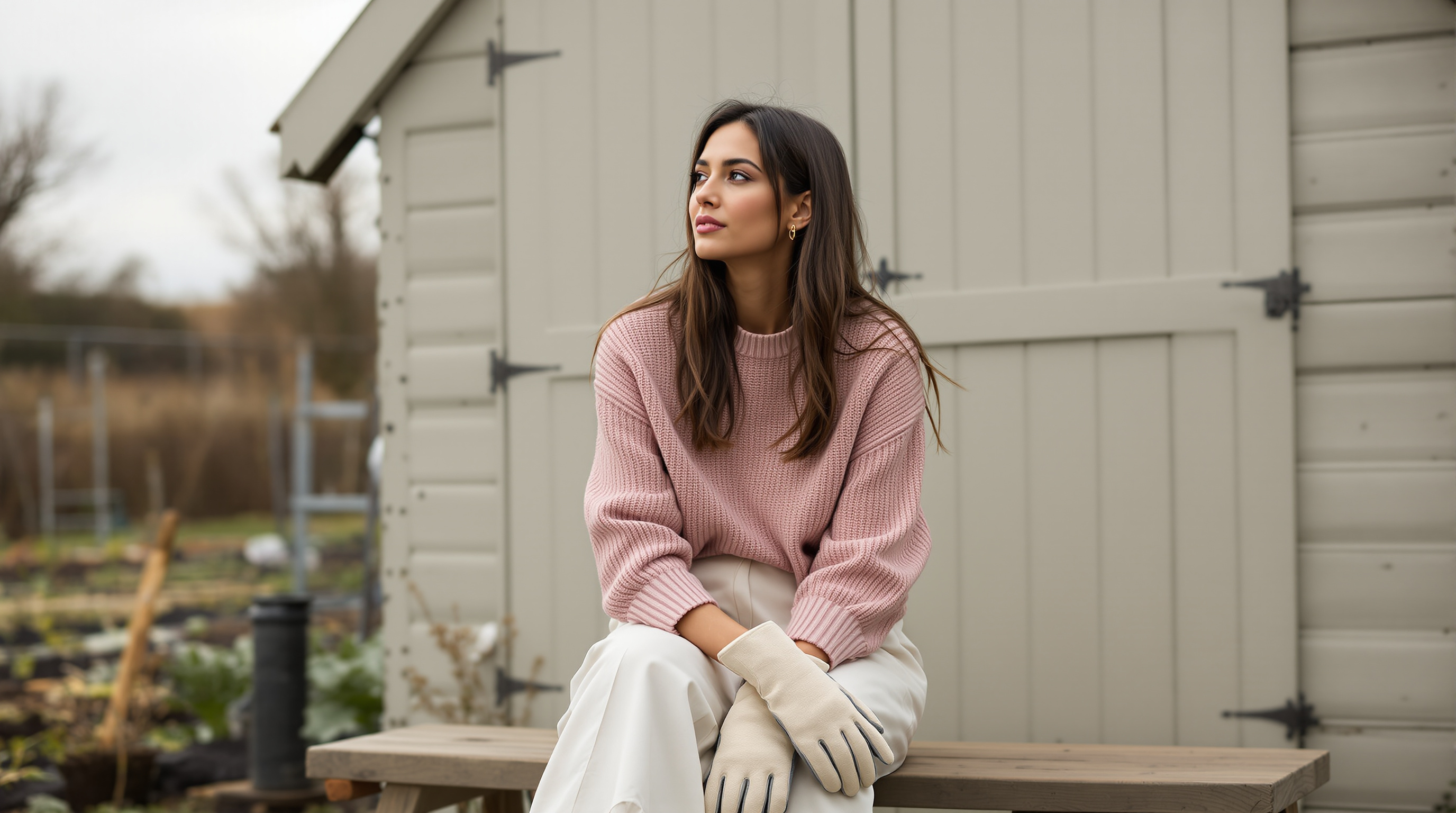 A woman sits on a bench beside an allotment shed holding gardening gloves