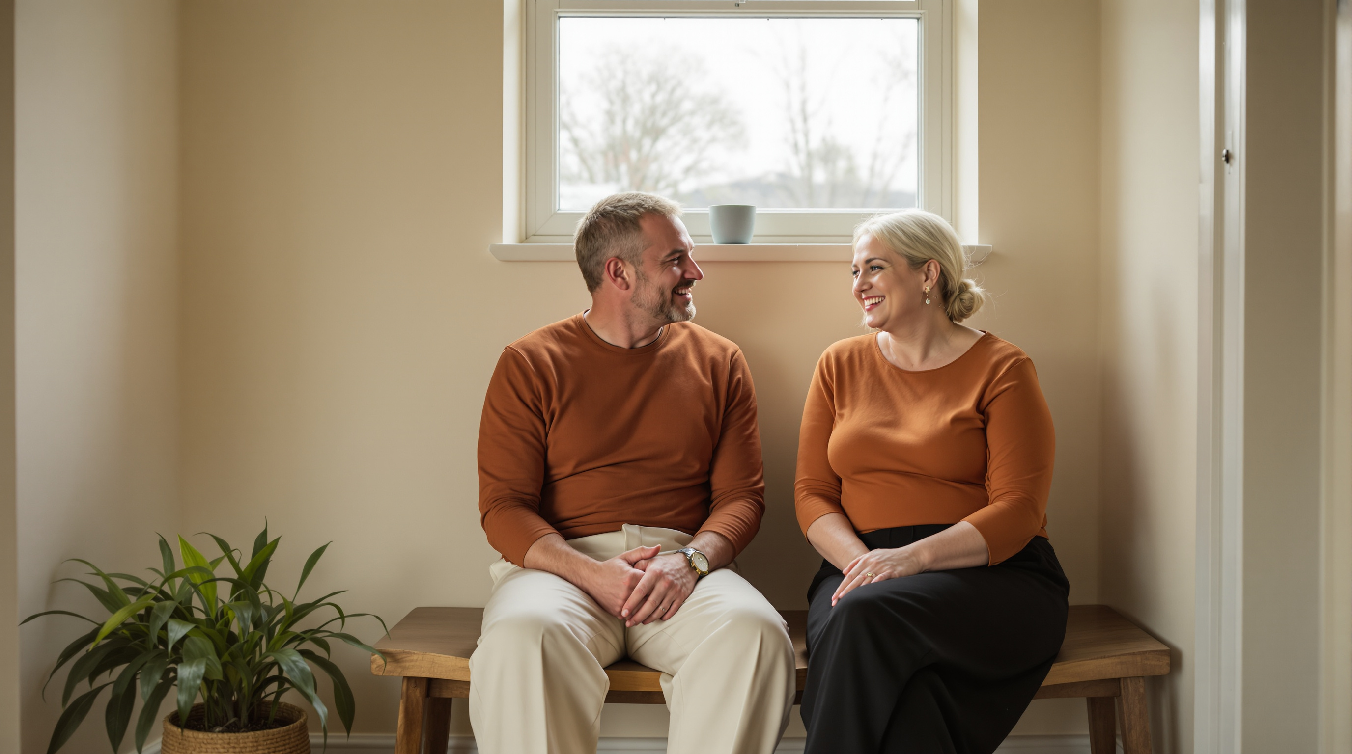 Two friends sit together on a bench in a bright entryway
