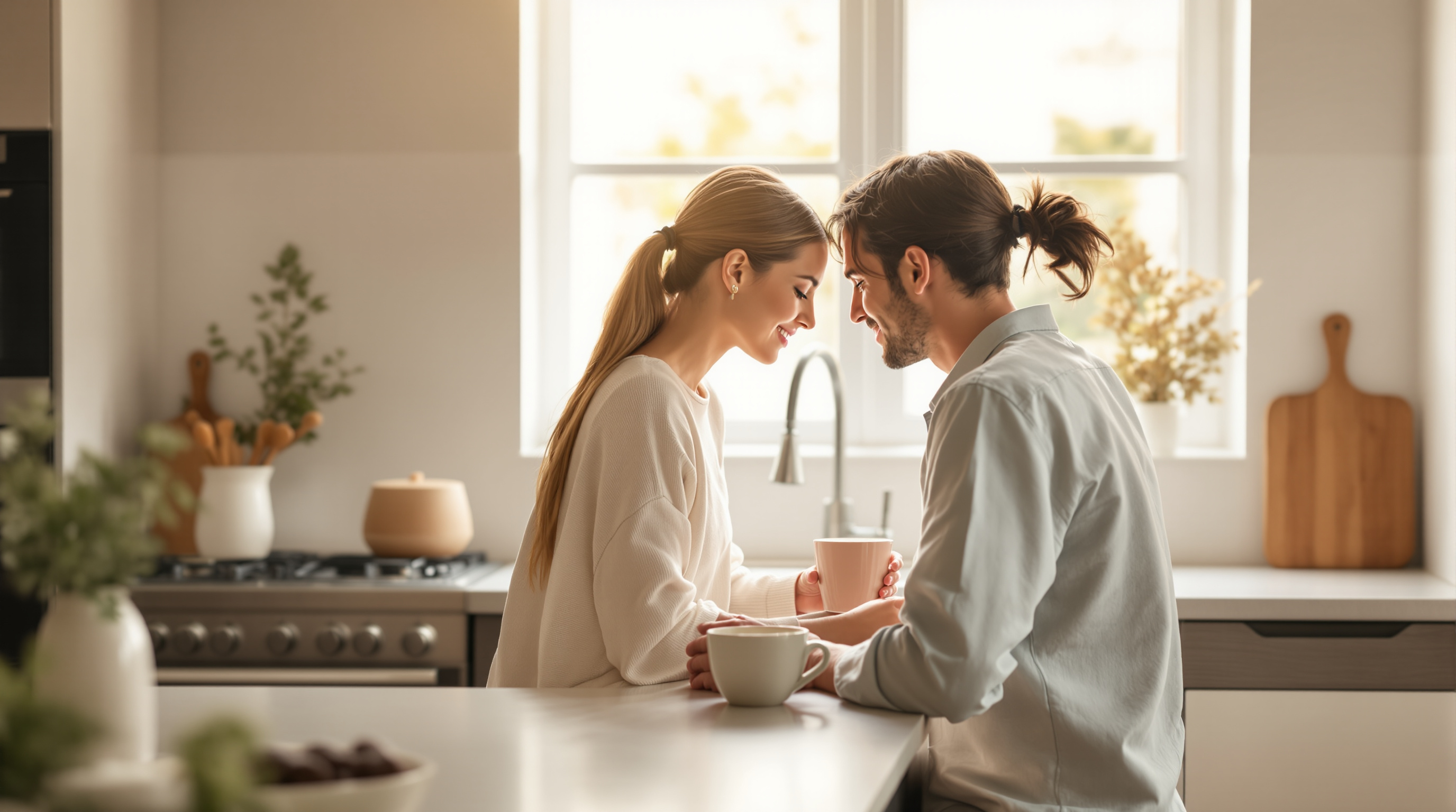 A couple leans close over morning coffee at a kitchen counter, foreheads nearly touching in soft window light