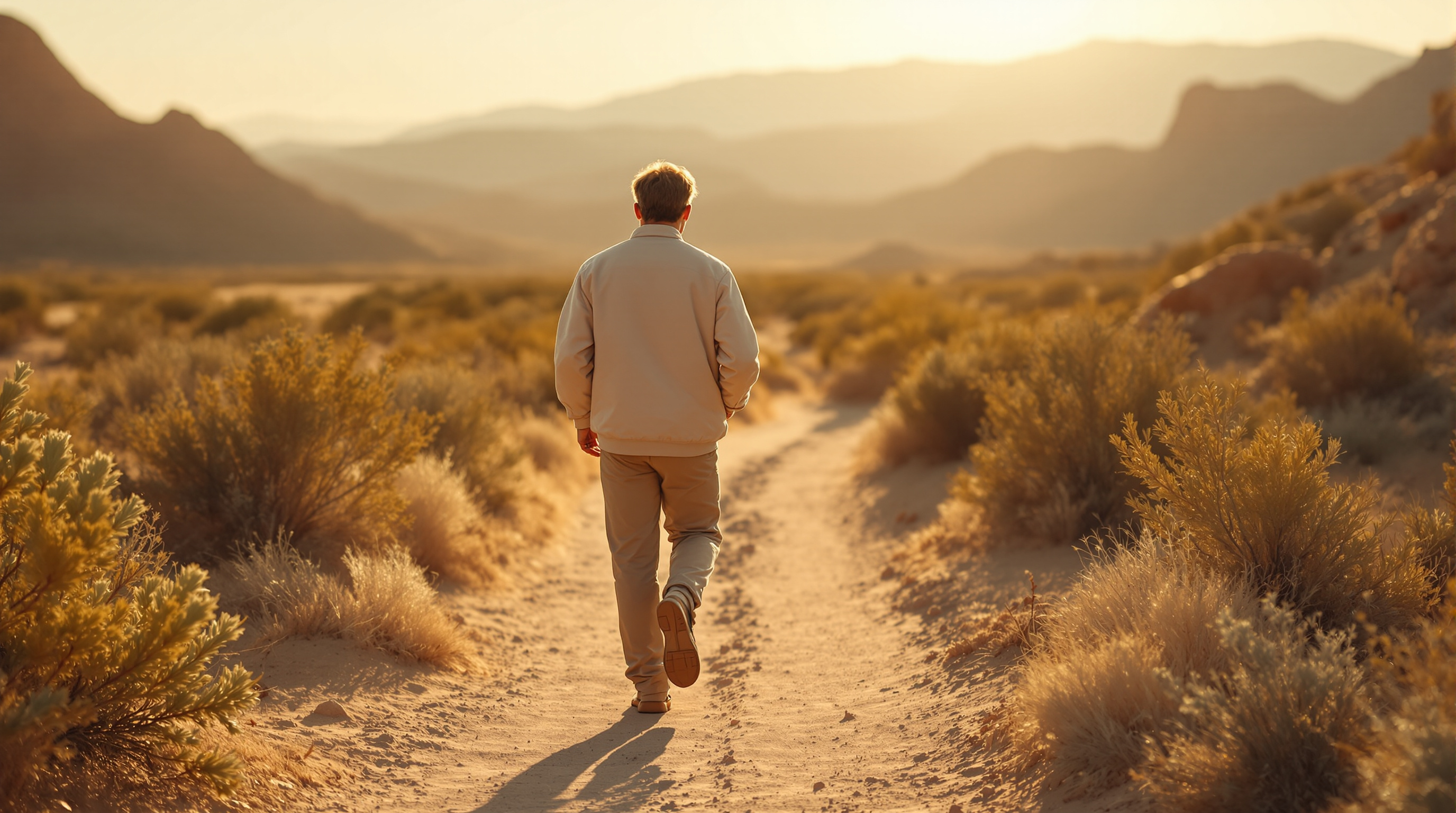 A man walks at an unhurried pace along a sunlit desert trail, seen from behind at a distance
