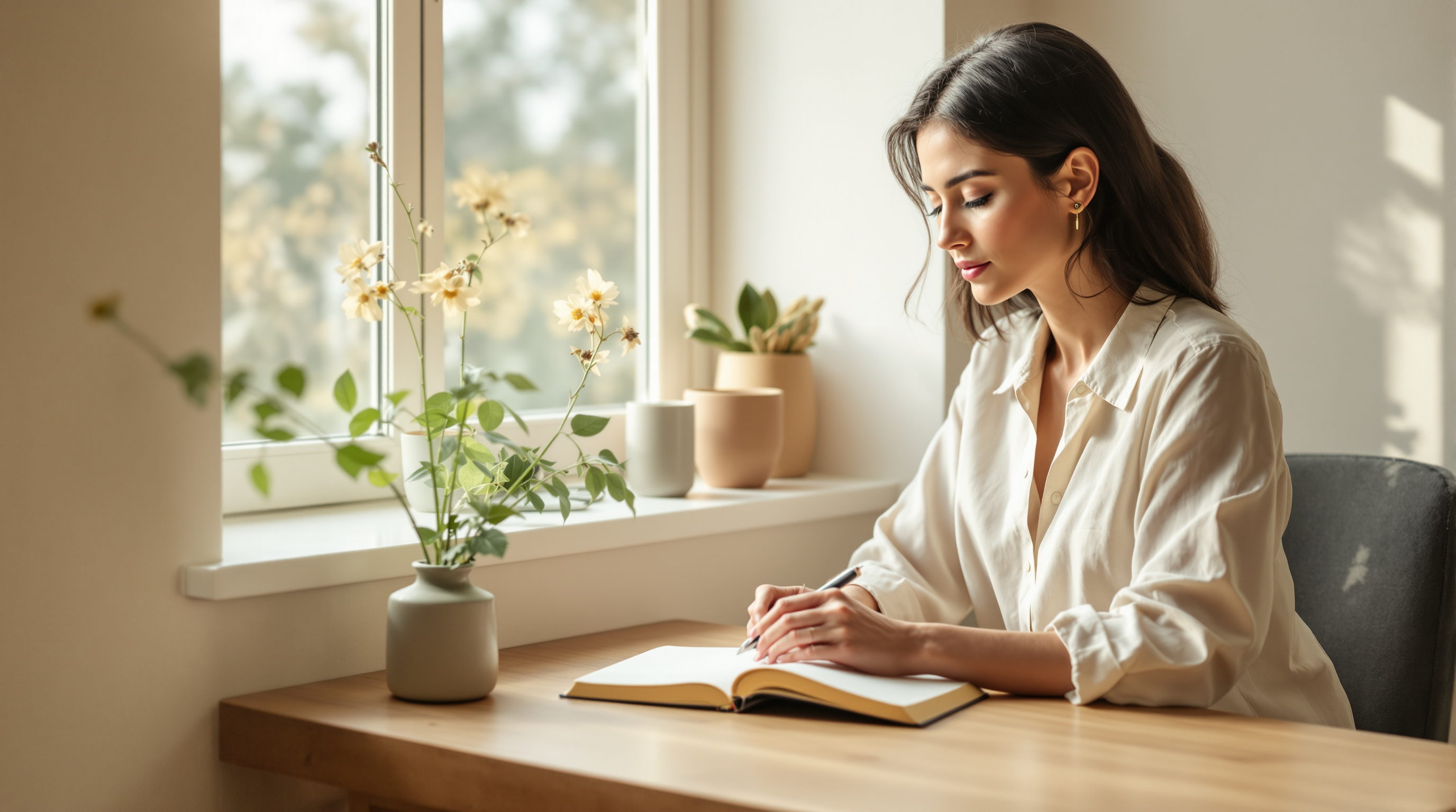 A woman writing in a notebook at a sunlit desk by a window