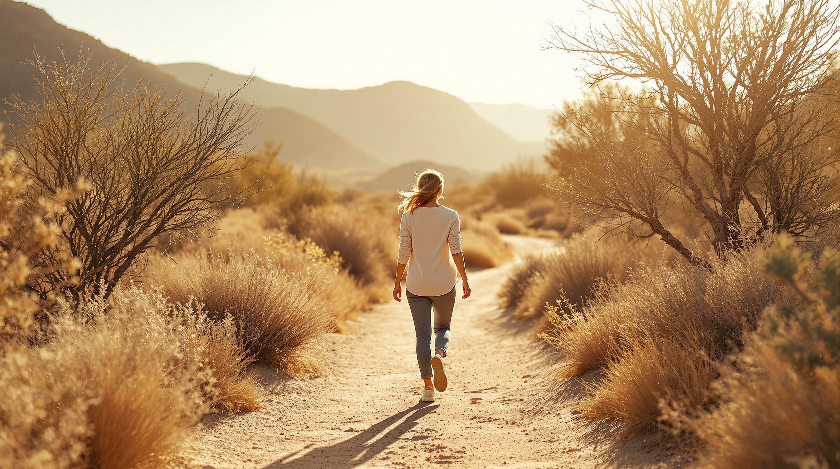 A person walks at an easy pace along a shaded desert trail in early morning light