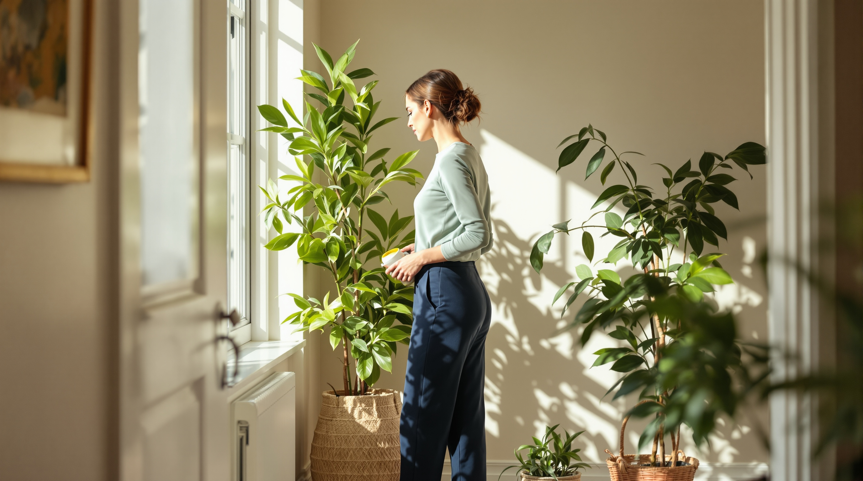 A woman in a sage top and navy trousers waters a houseplant during her morning routine