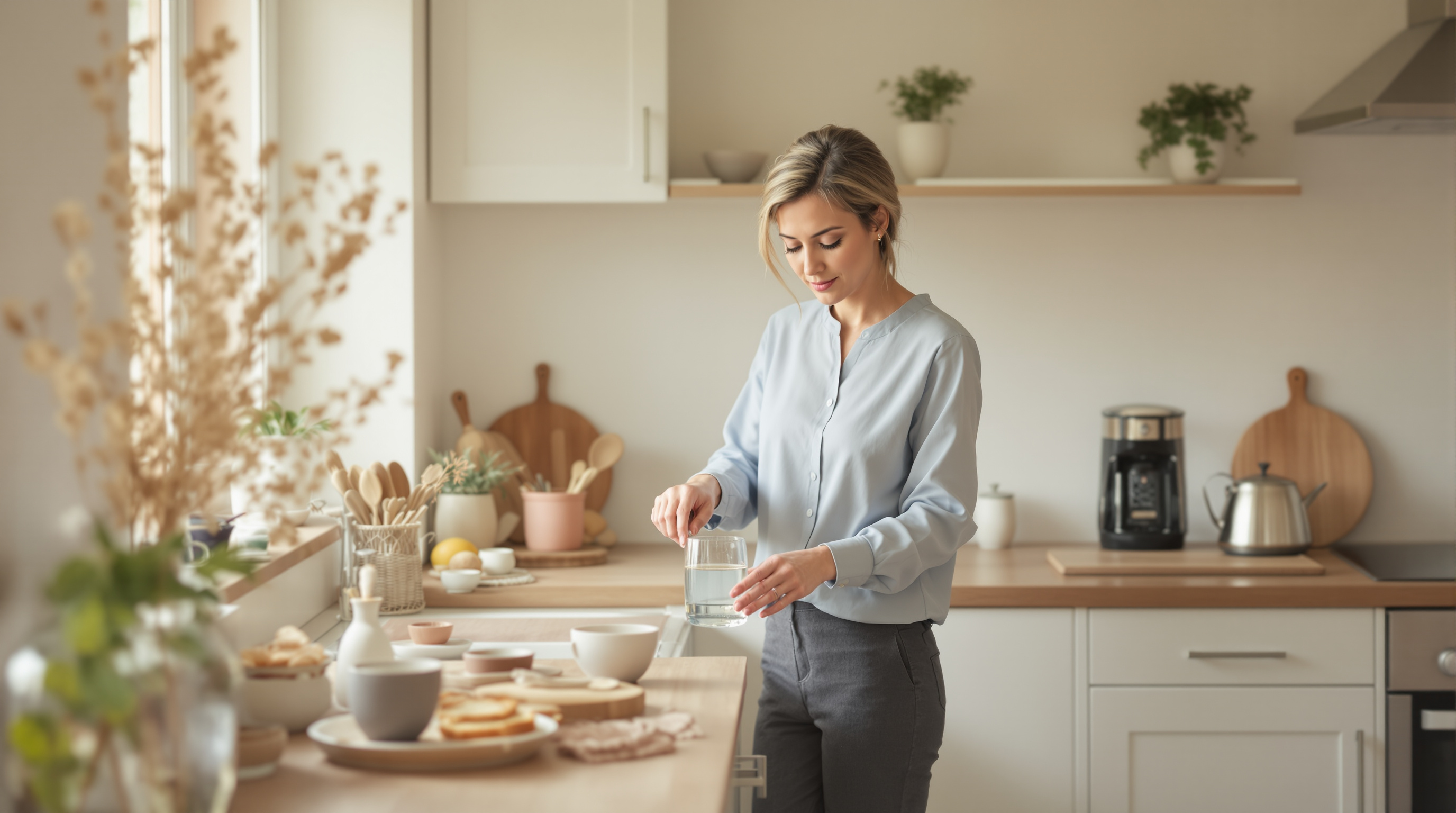 A woman pours water in a quiet home kitchen beside a small bowl of toast
