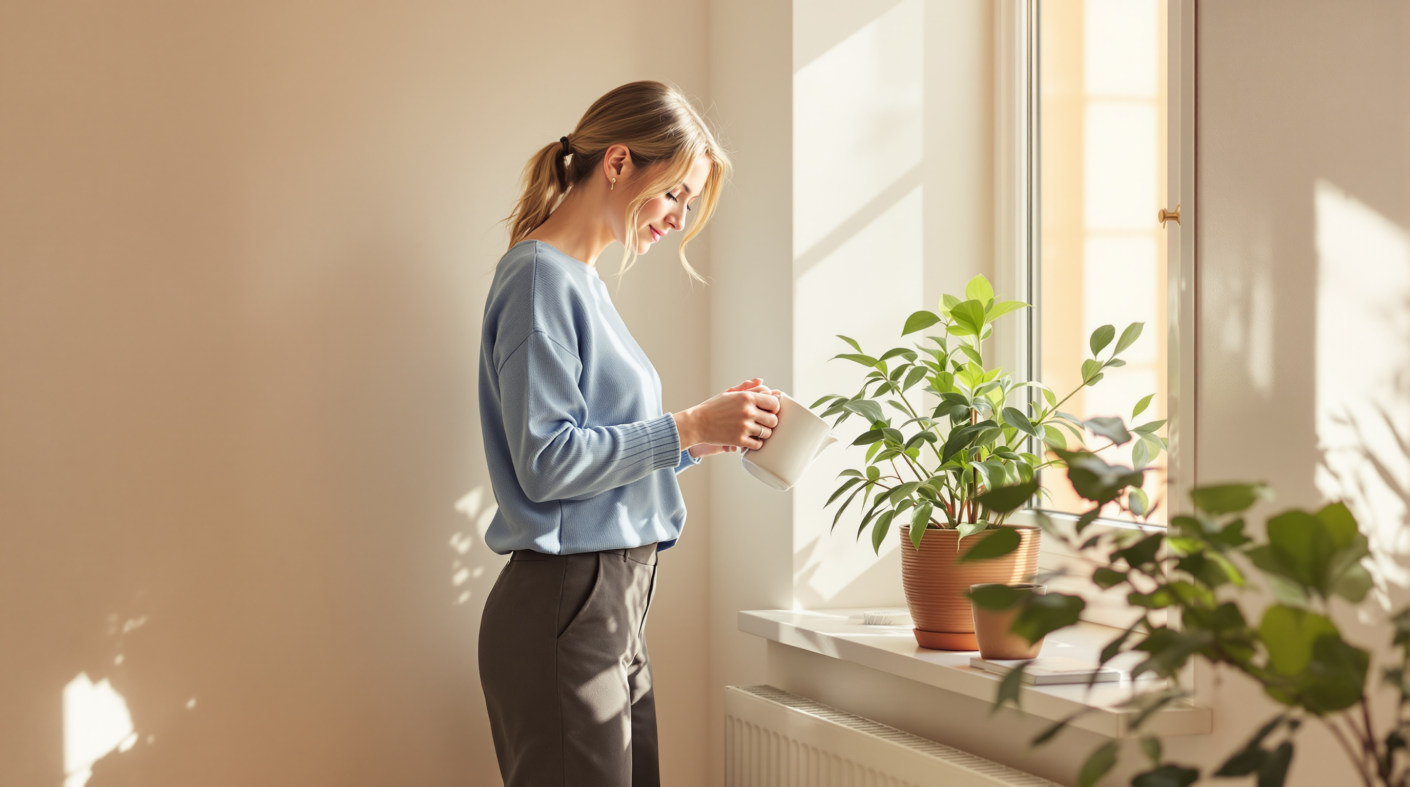A woman waters a potted fern beside a sunlit windowsill