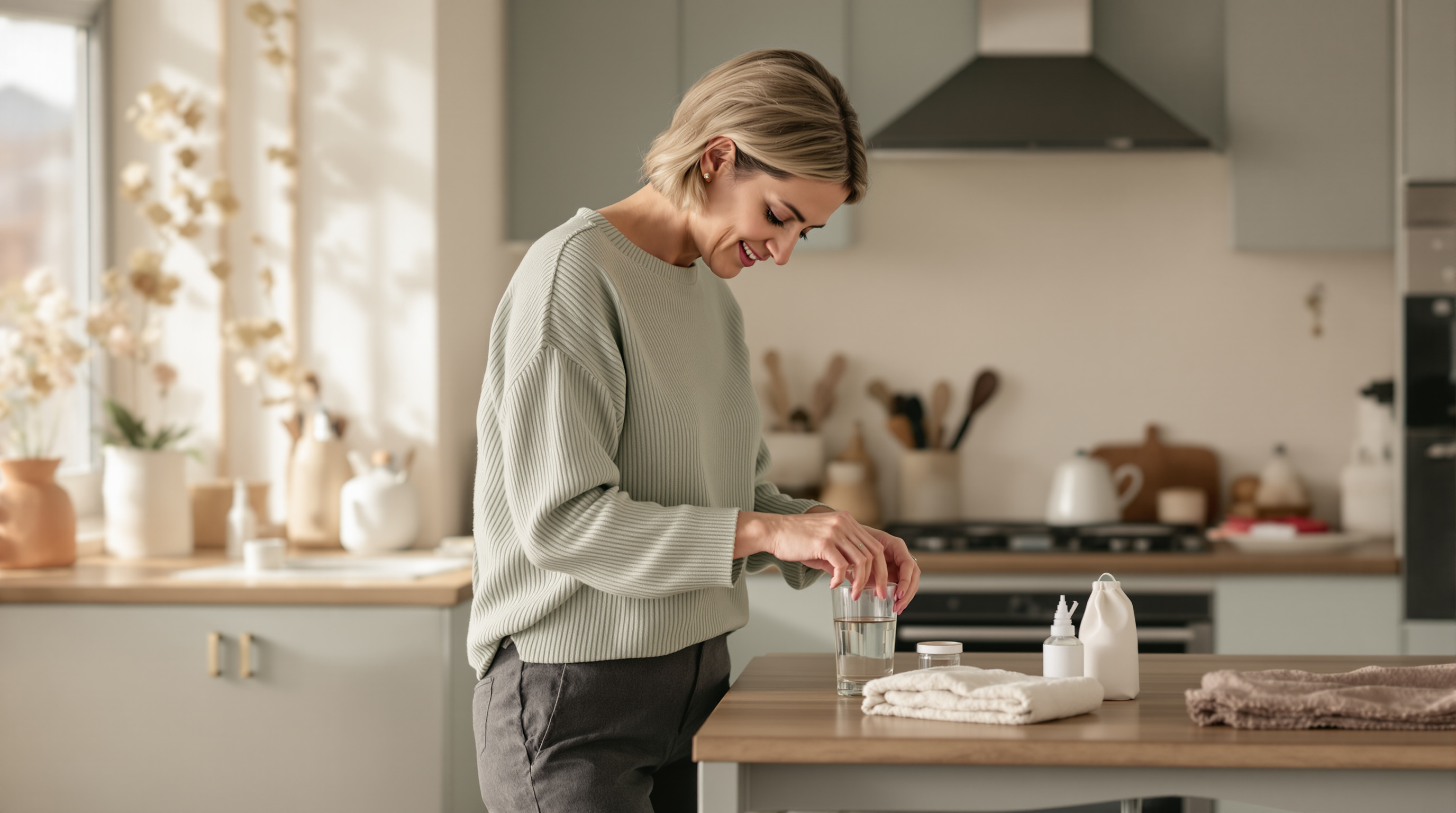 A woman in a sage knit top fills a glass of water beside a closed pouch during her morning routine