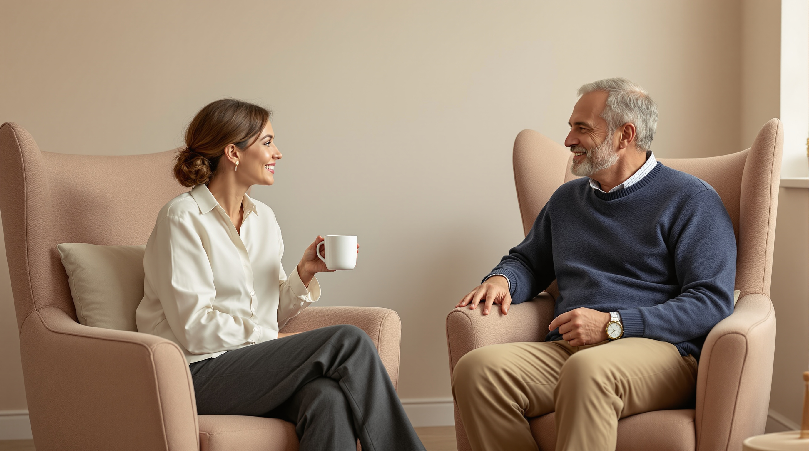 Two friends discuss a health decision over coffee in quiet armchairs