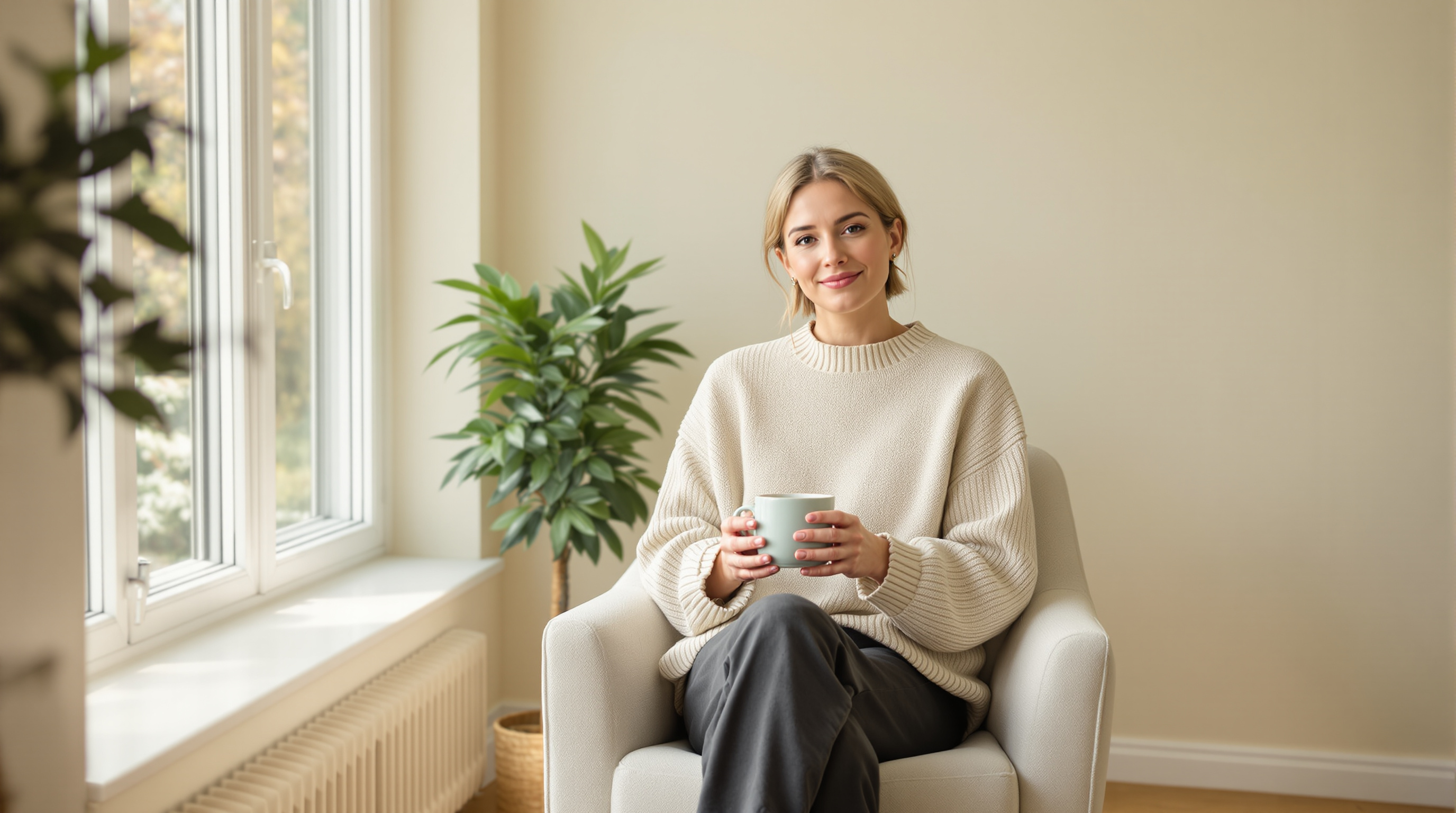 A woman sits in a linen armchair beside a bright window, holding a plain ceramic mug in both hands