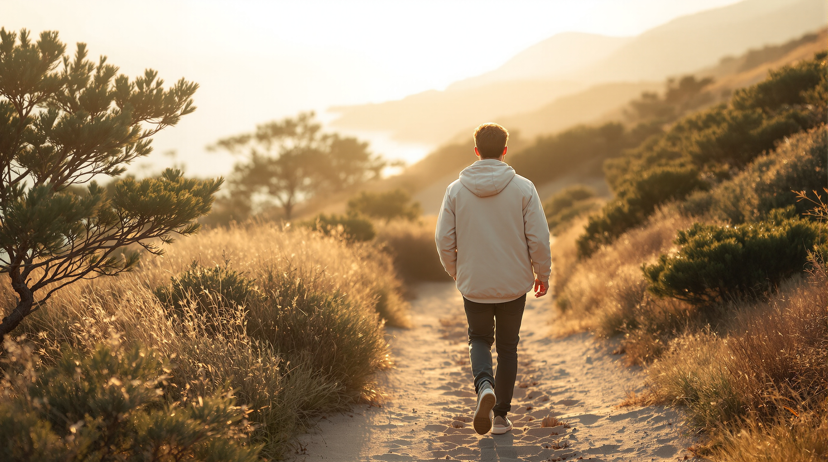 A man walks a coastal trail in golden early light, seen from behind at a distance