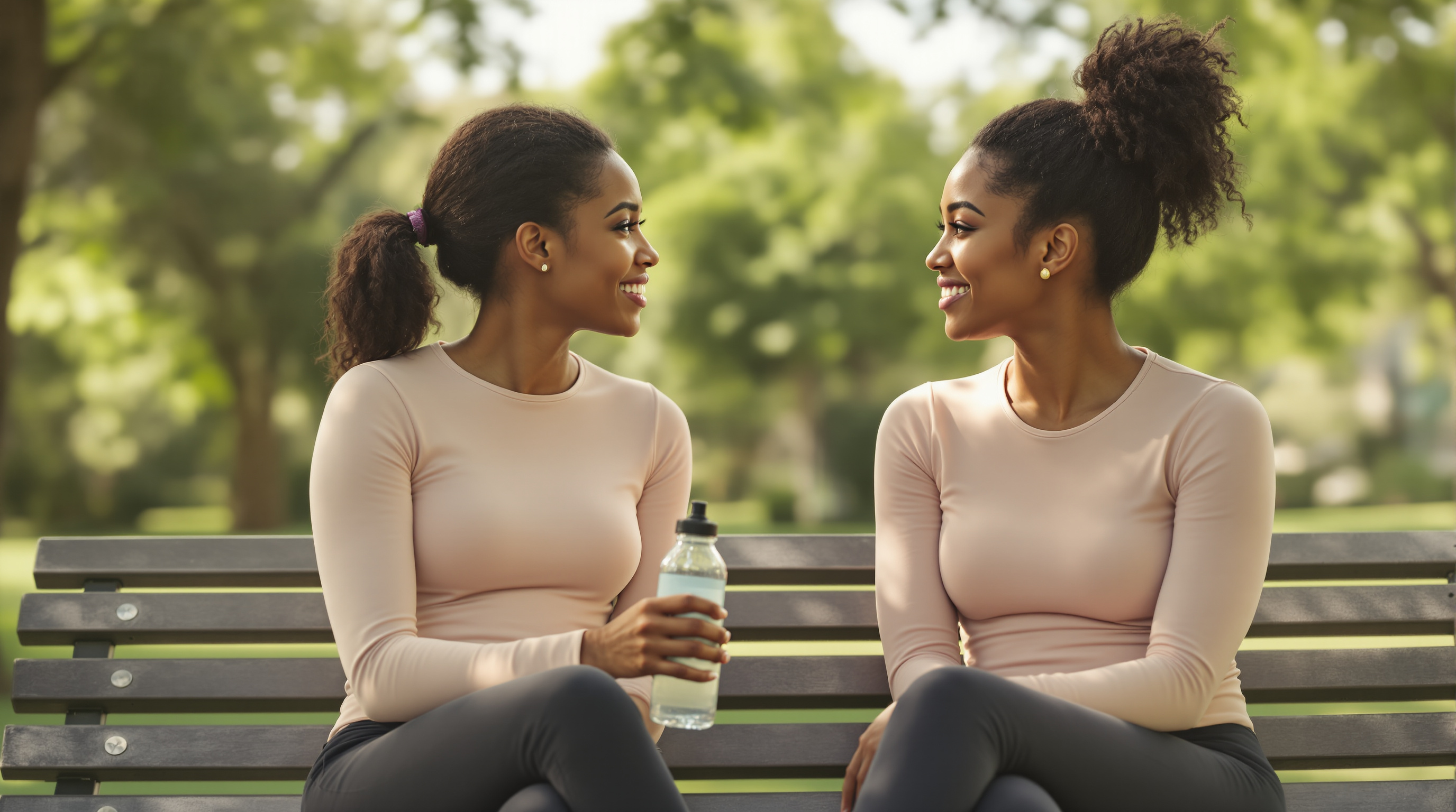 Two adults in long-sleeve tops talk on a shaded park bench, one holding a reusable water bottle