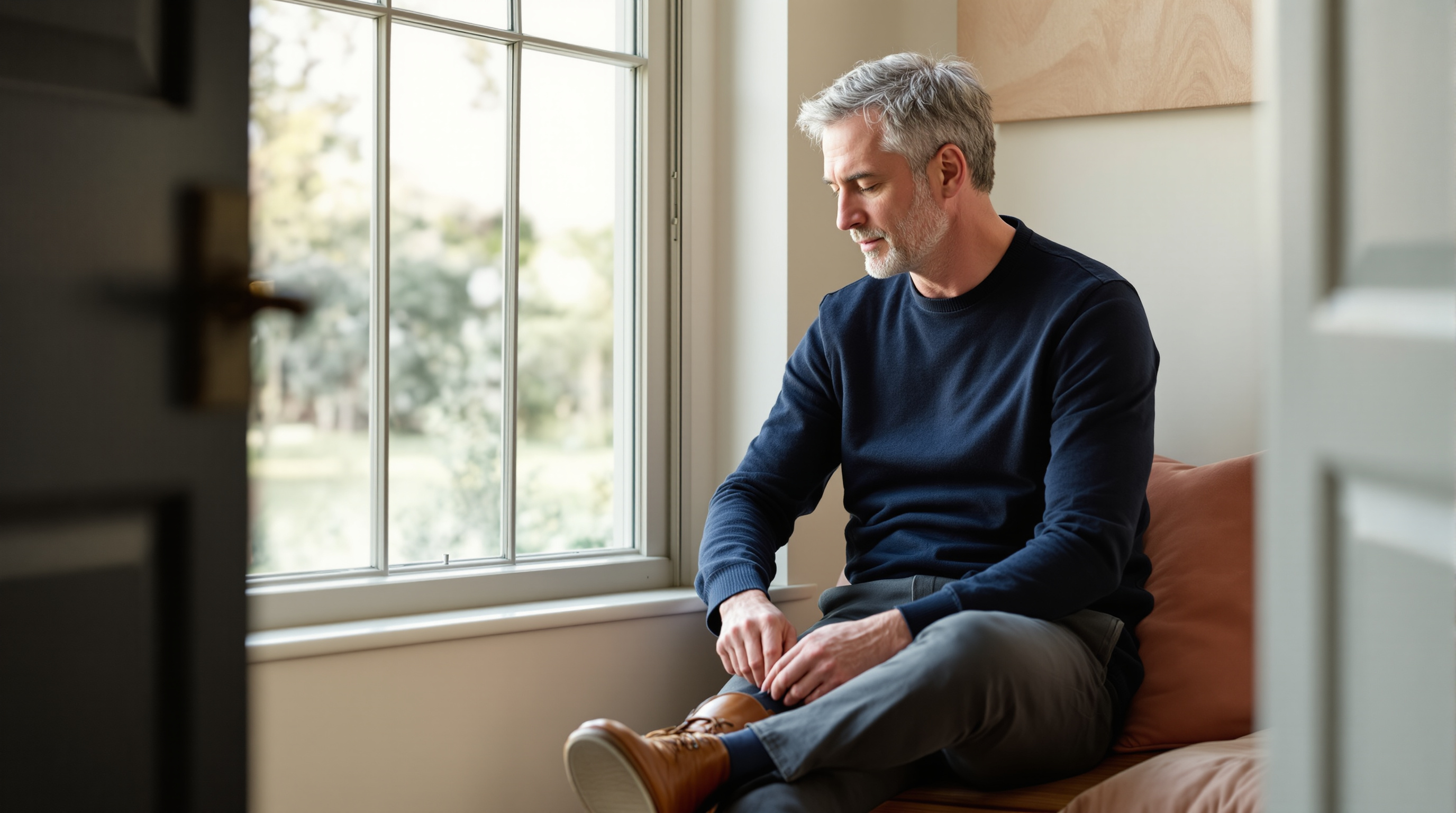 A man in a navy sweater and charcoal trousers sits on an entryway bench lacing a shoe