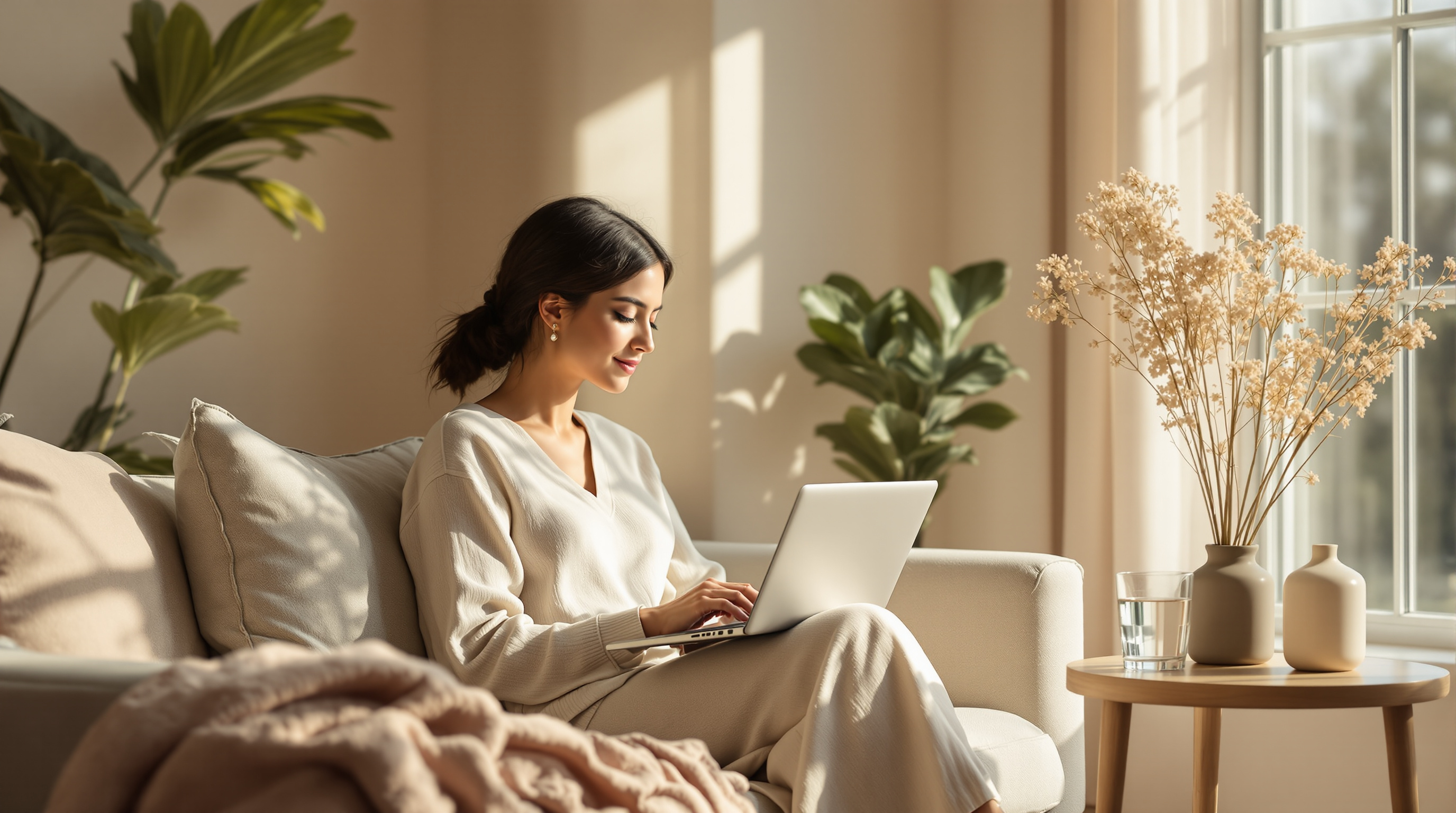 A woman sits on a linen sofa beside a tall window, reading from a laptop in soft morning light