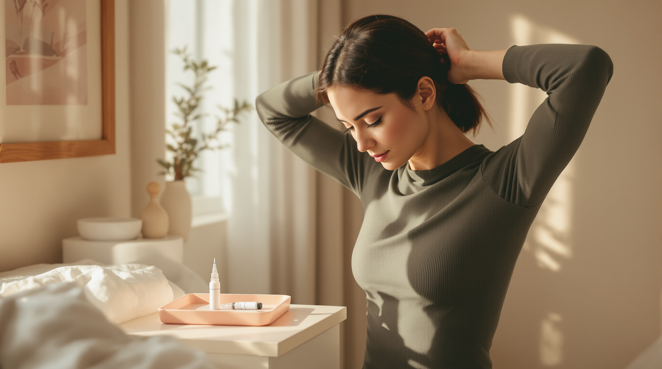 An adult ties back their hair beside a dresser with a capped unbranded injection pen resting on a small tray