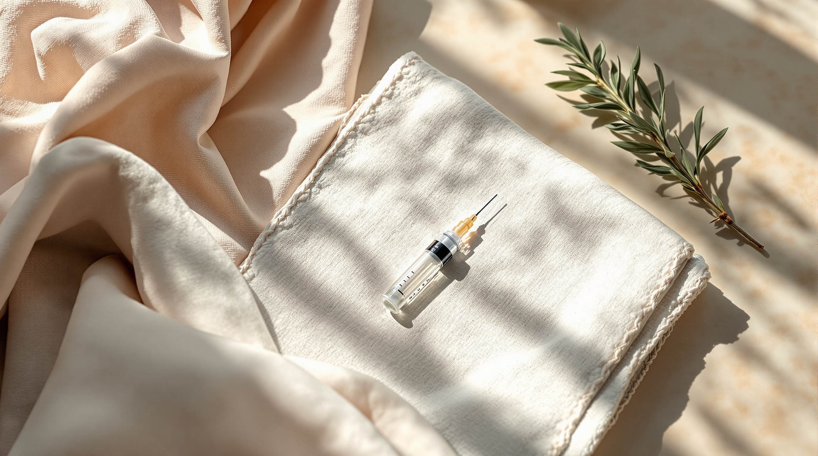 A fine syringe resting on folded linen beside a sprig of sage in soft window light