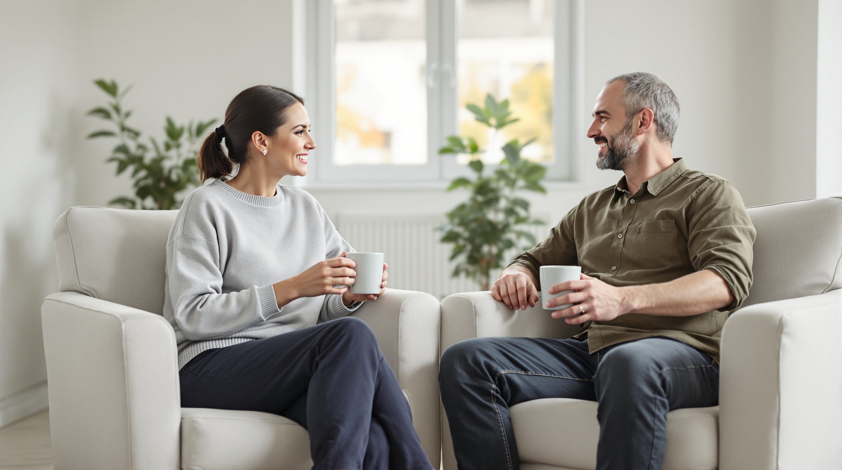 Two friends sit in armchairs angled toward each other in a bright living room, each holding a plain ceramic mug, talking quietly.
