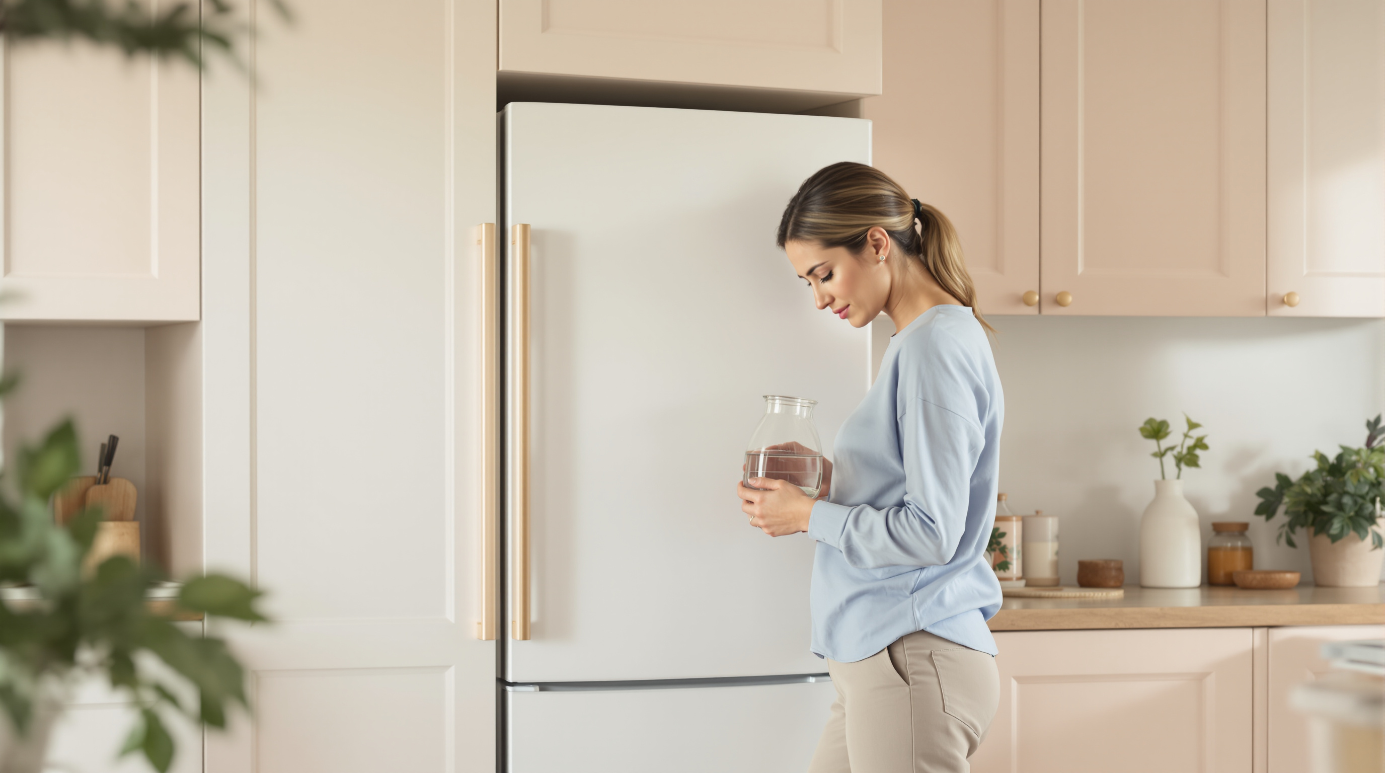 A woman stands beside a closed refrigerator in a bright kitchen, holding a glass carafe of water.