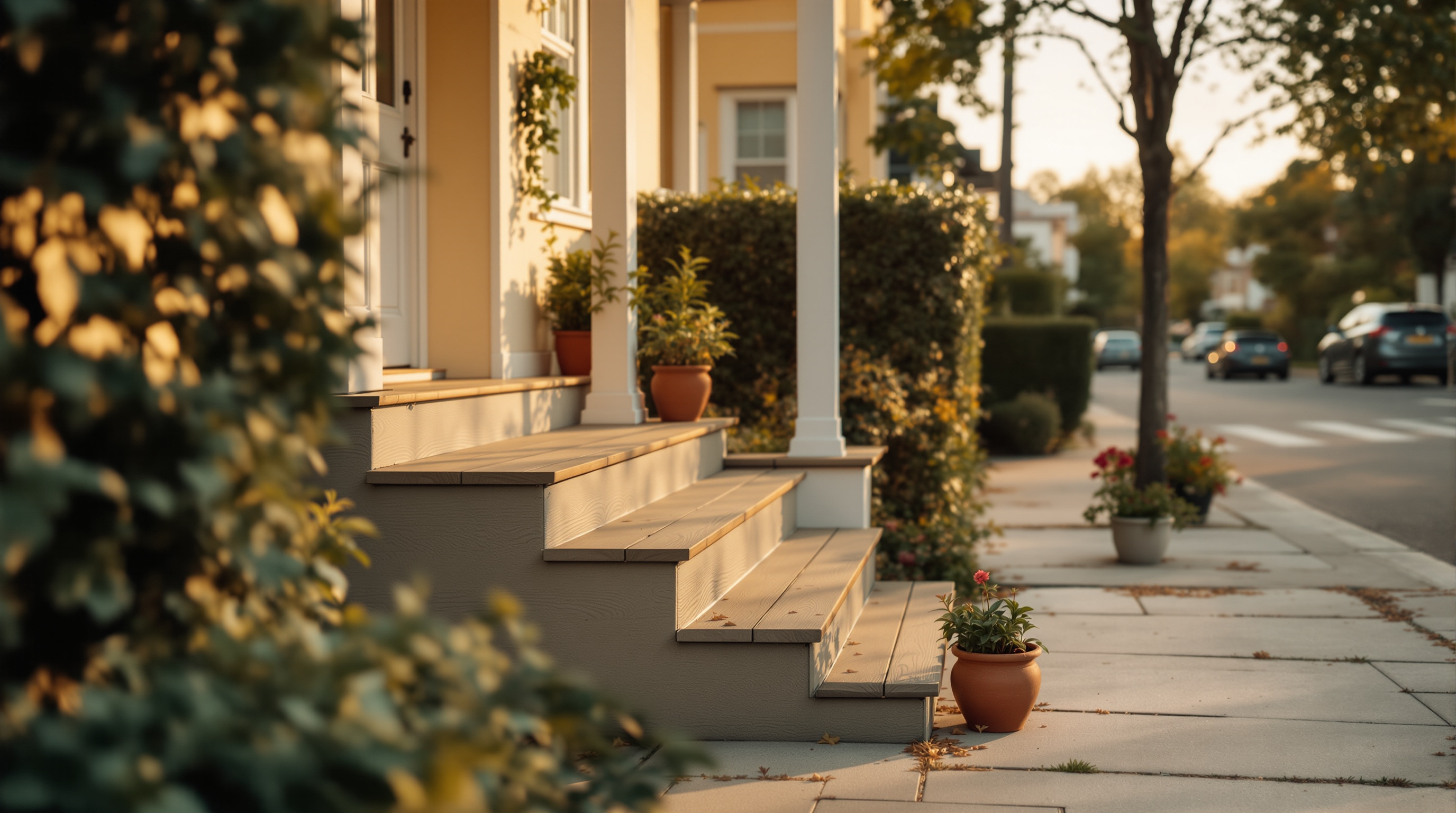The front steps of a house with a pot of seedlings
