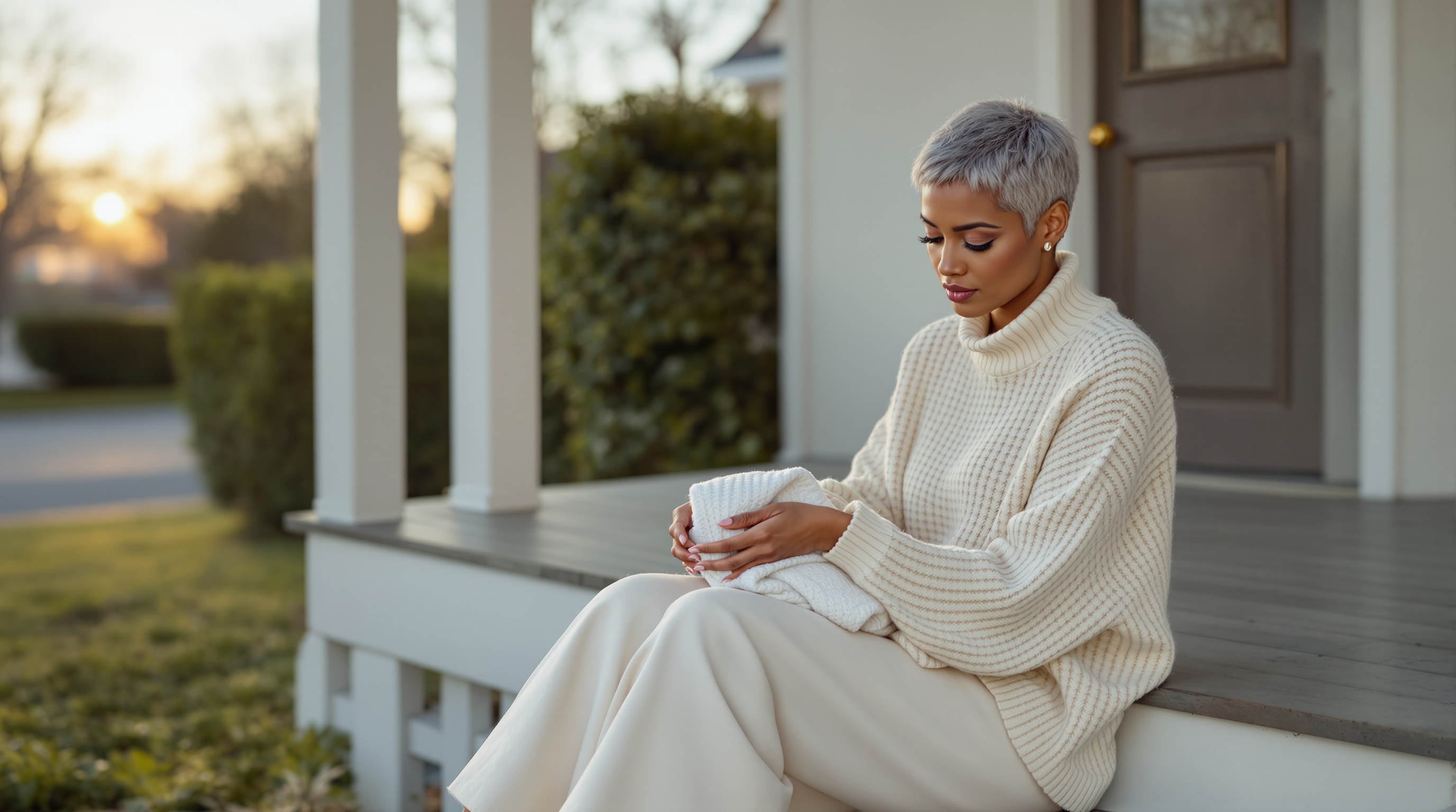 A woman sits on the front steps of a house with a folded scarf
