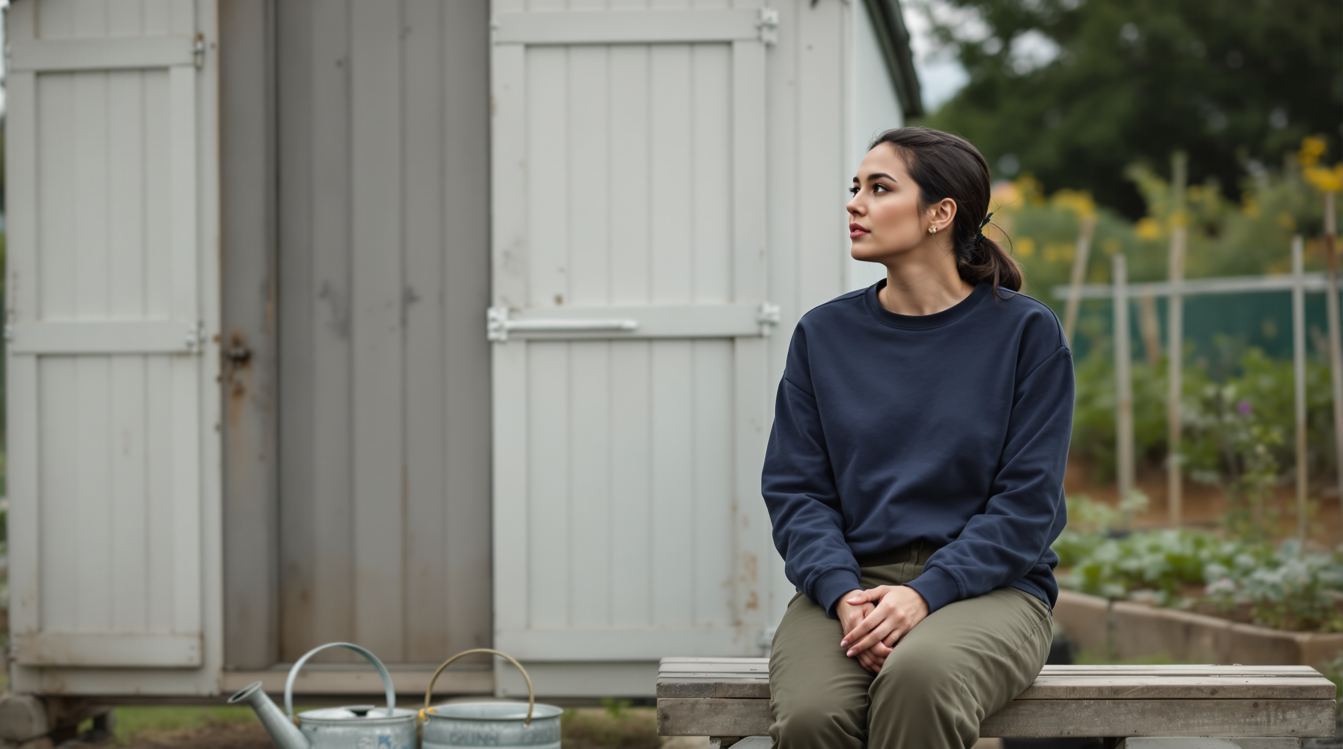 A woman sits on a bench beside an allotment shed beside a watering can