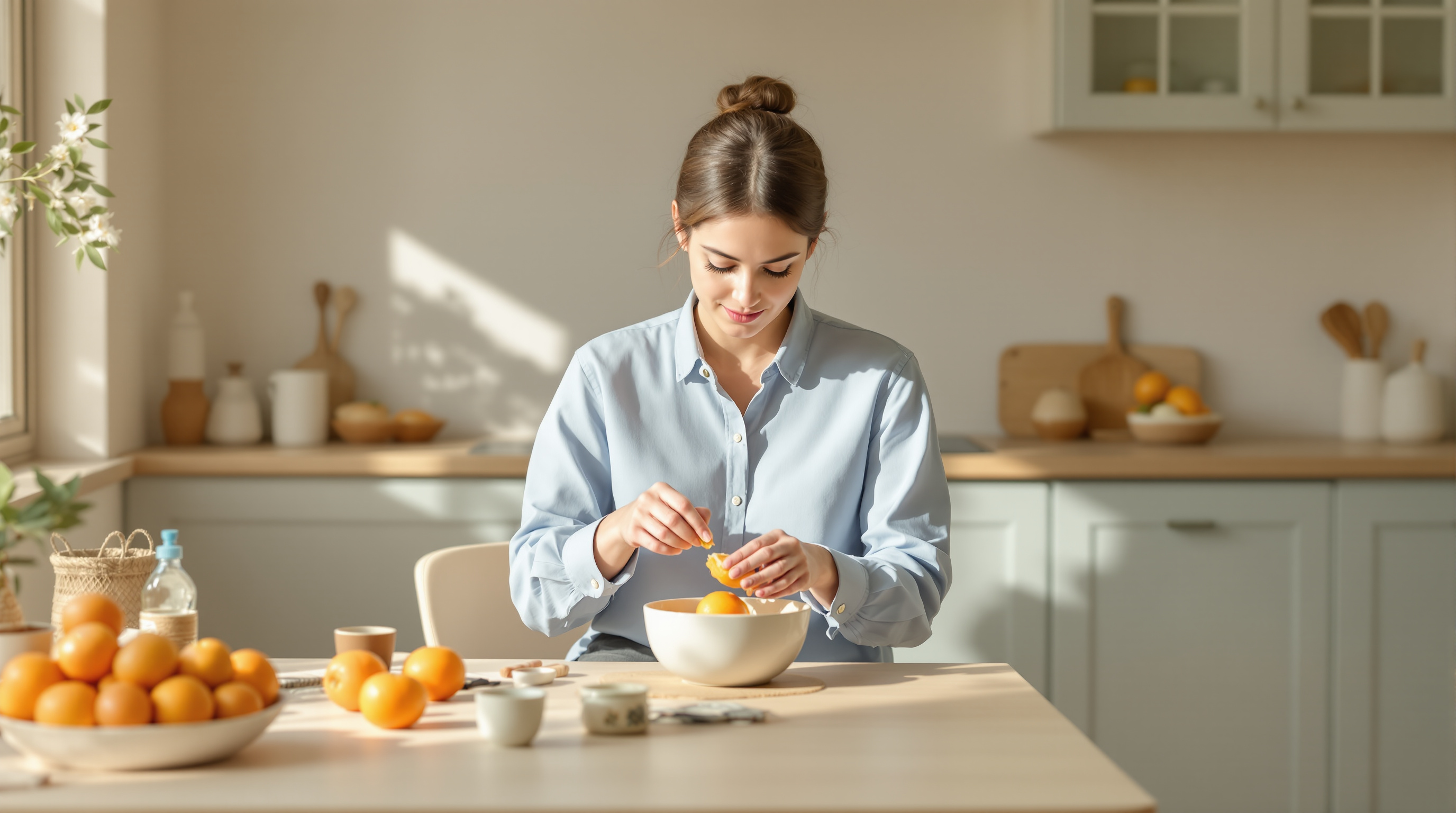 A woman in a blue shirt peels an orange at a sunlit kitchen table