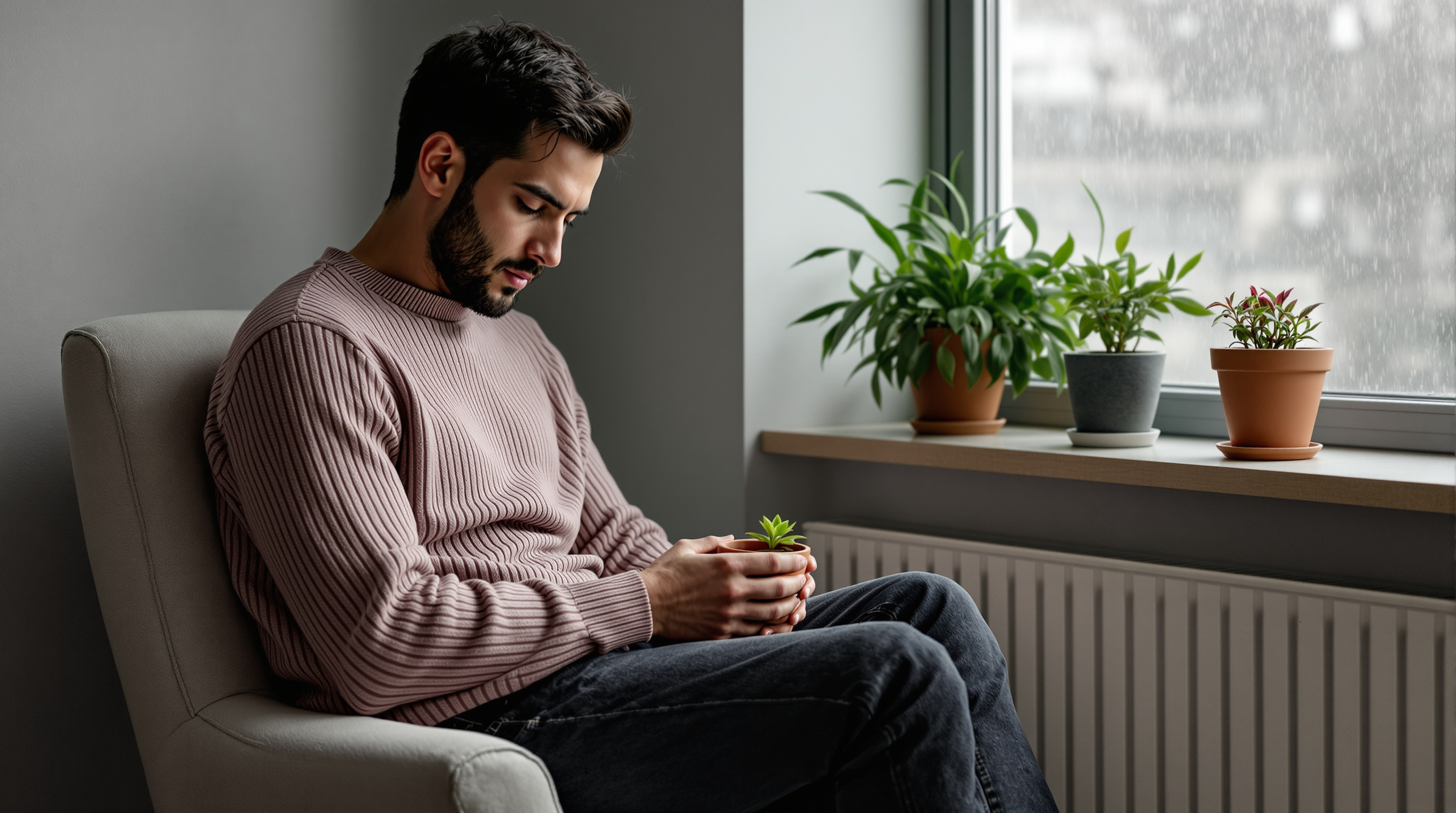A man sits in an armchair beside a window holding a pot of seedlings