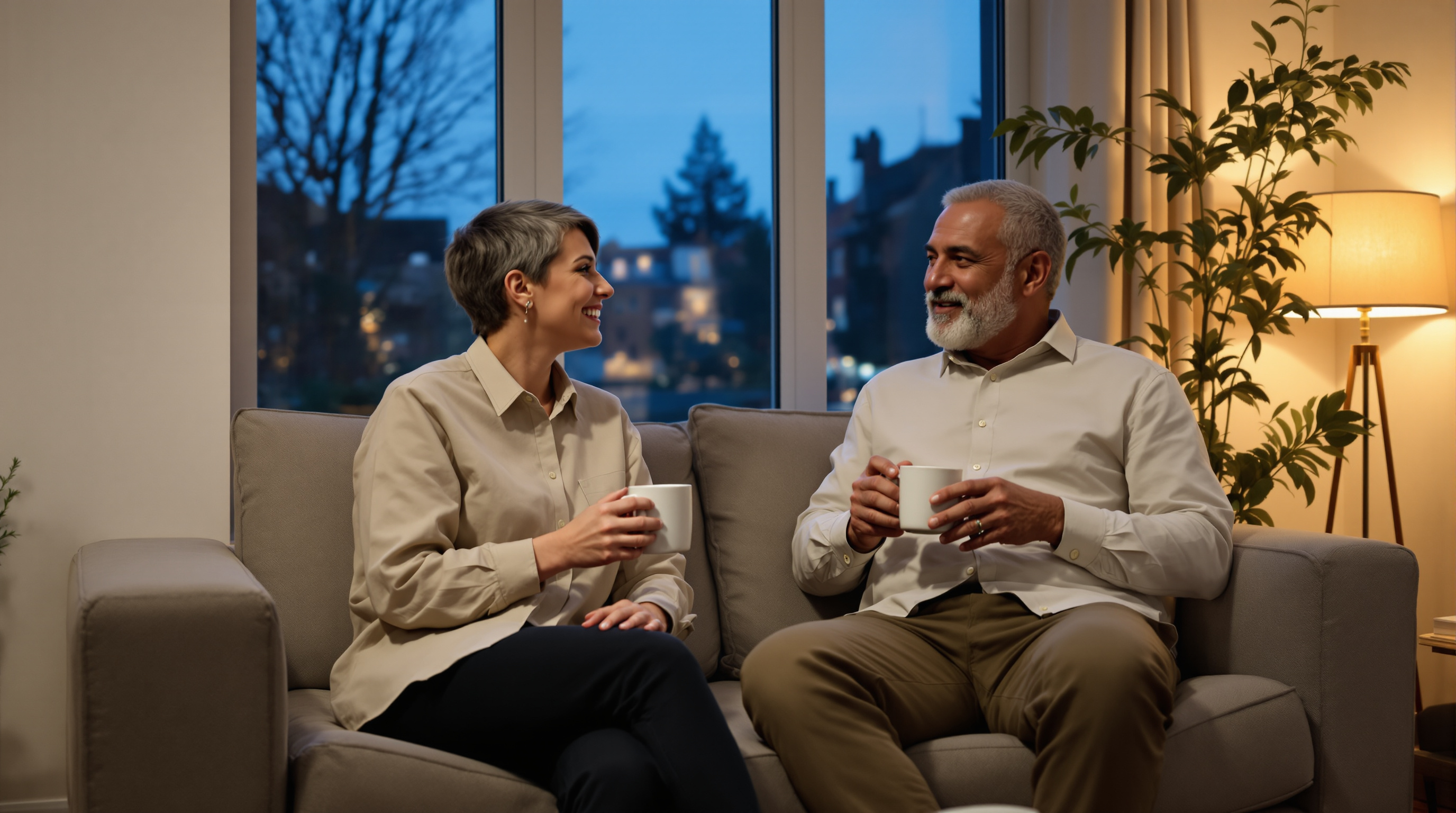 Two friends sit together on a sofa in a quiet living room with a plain mug